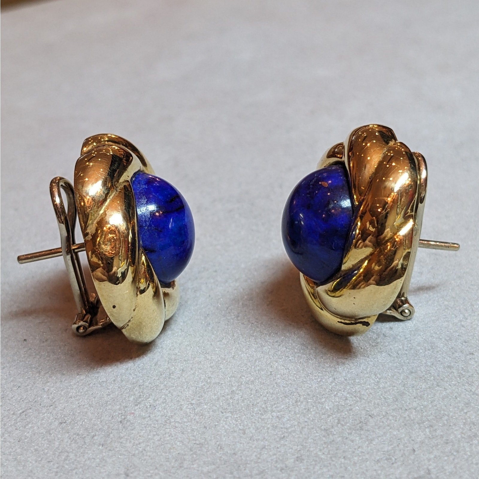 Vintage Lapis Large Button Earrings in 18k Yellow Gold