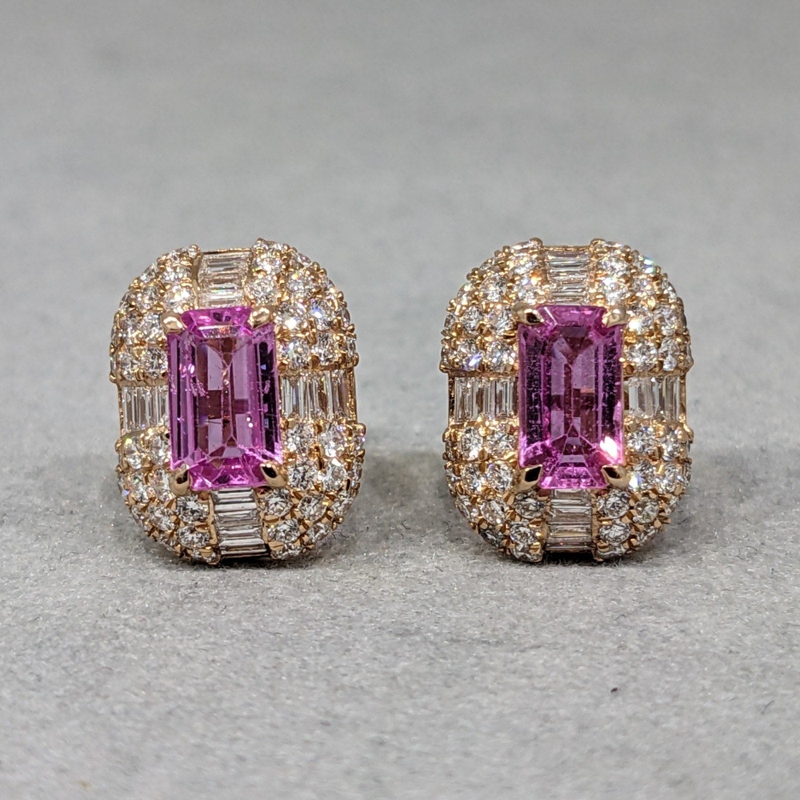 Natural Pink Sapphire & Diamond Earrings in 14k Rose & Yellow Gold