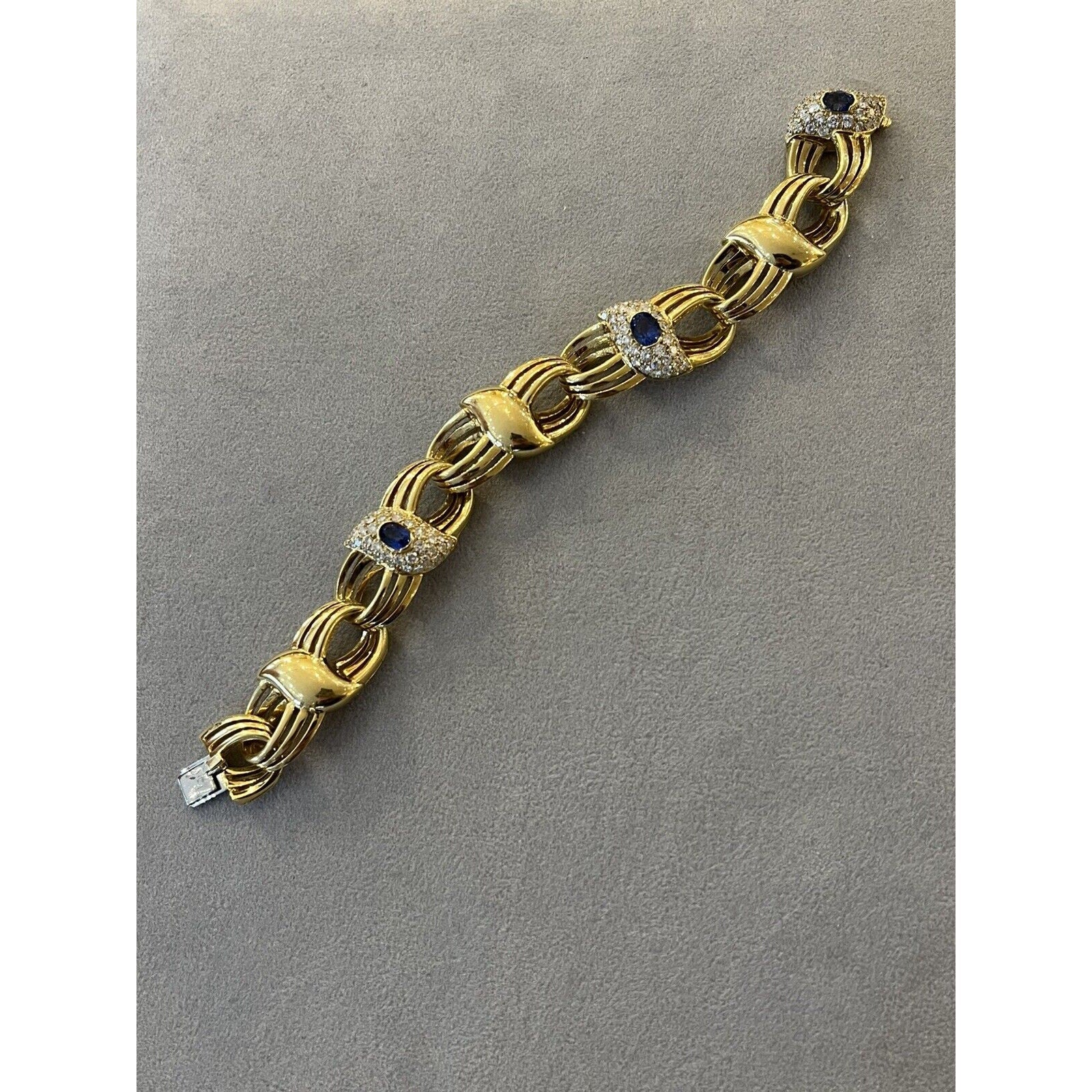 Wide Natural Sapphire and Diamond Link Bracelet in 18k Yellow Gold