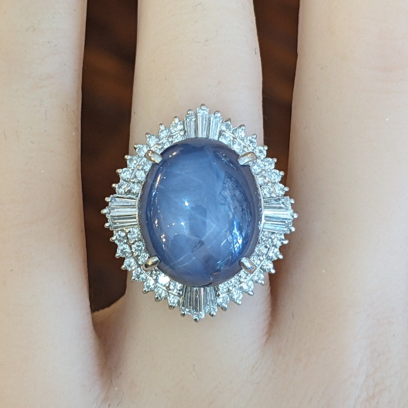 Large 31.52 ct Blue Star Sapphire in Platinum Diamond Ballerina Setting
