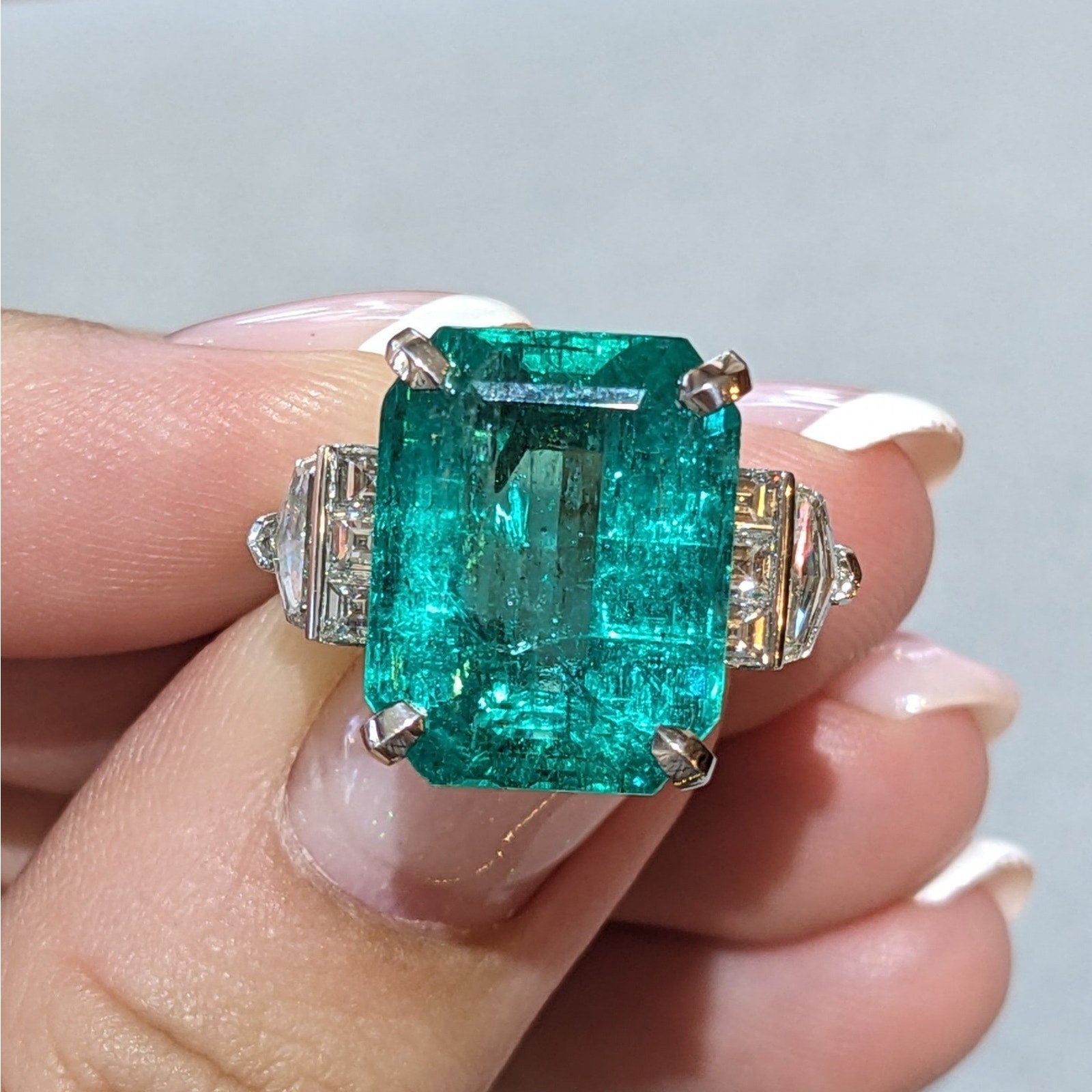 GIA 12.49 ct Colombian Emerald and Diamond Ring in Platinum