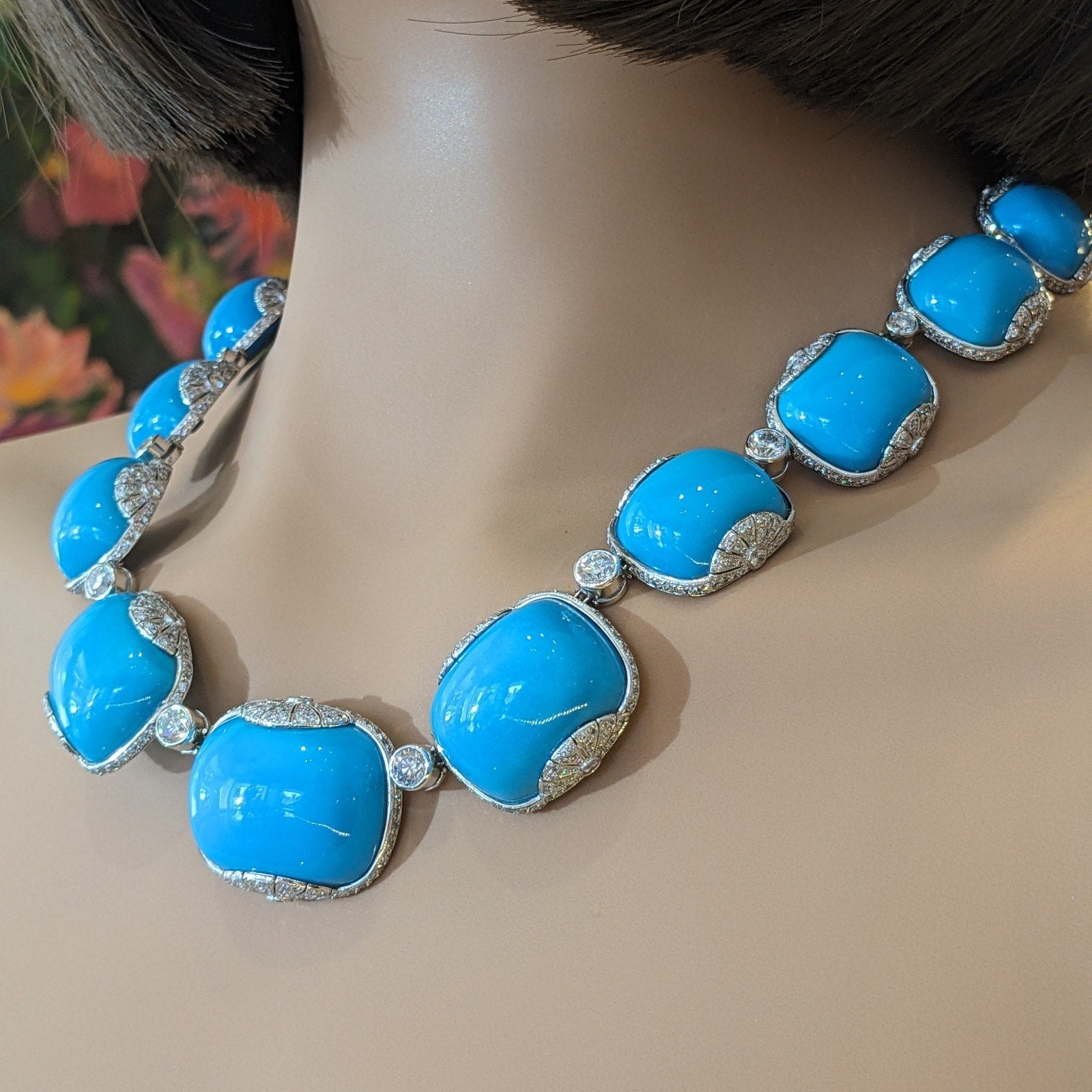 Fred Leighton Nat'l Turquoise and Diamond Necklace in 18k White Gold