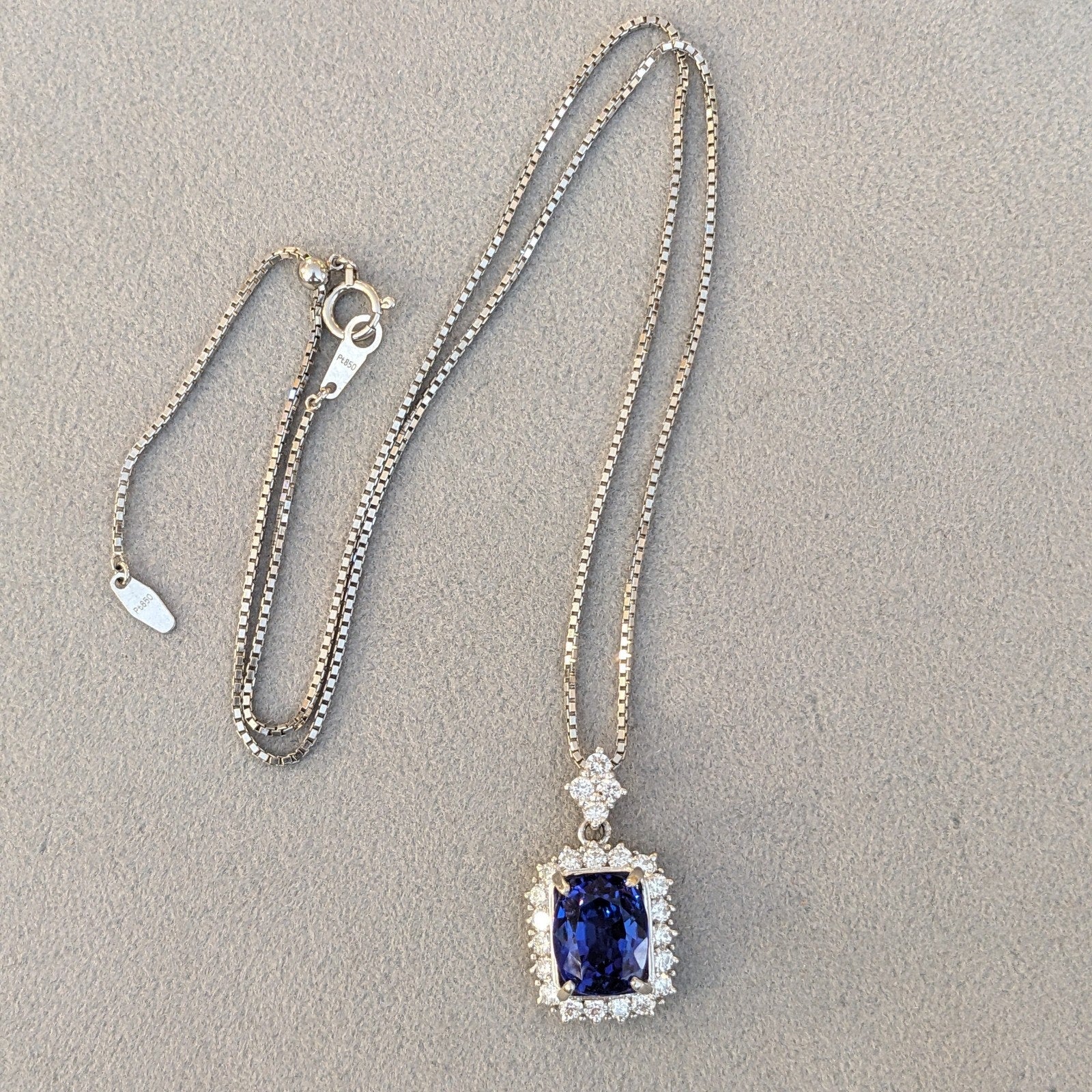 5.70 ct Cushion Tanzanite & Diamond Pendant Necklace in Platinum