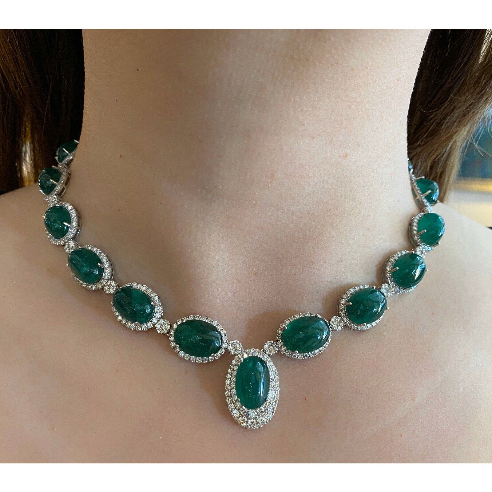 GIA Cabochon Emerald and Diamond Necklace in 18k White Gold