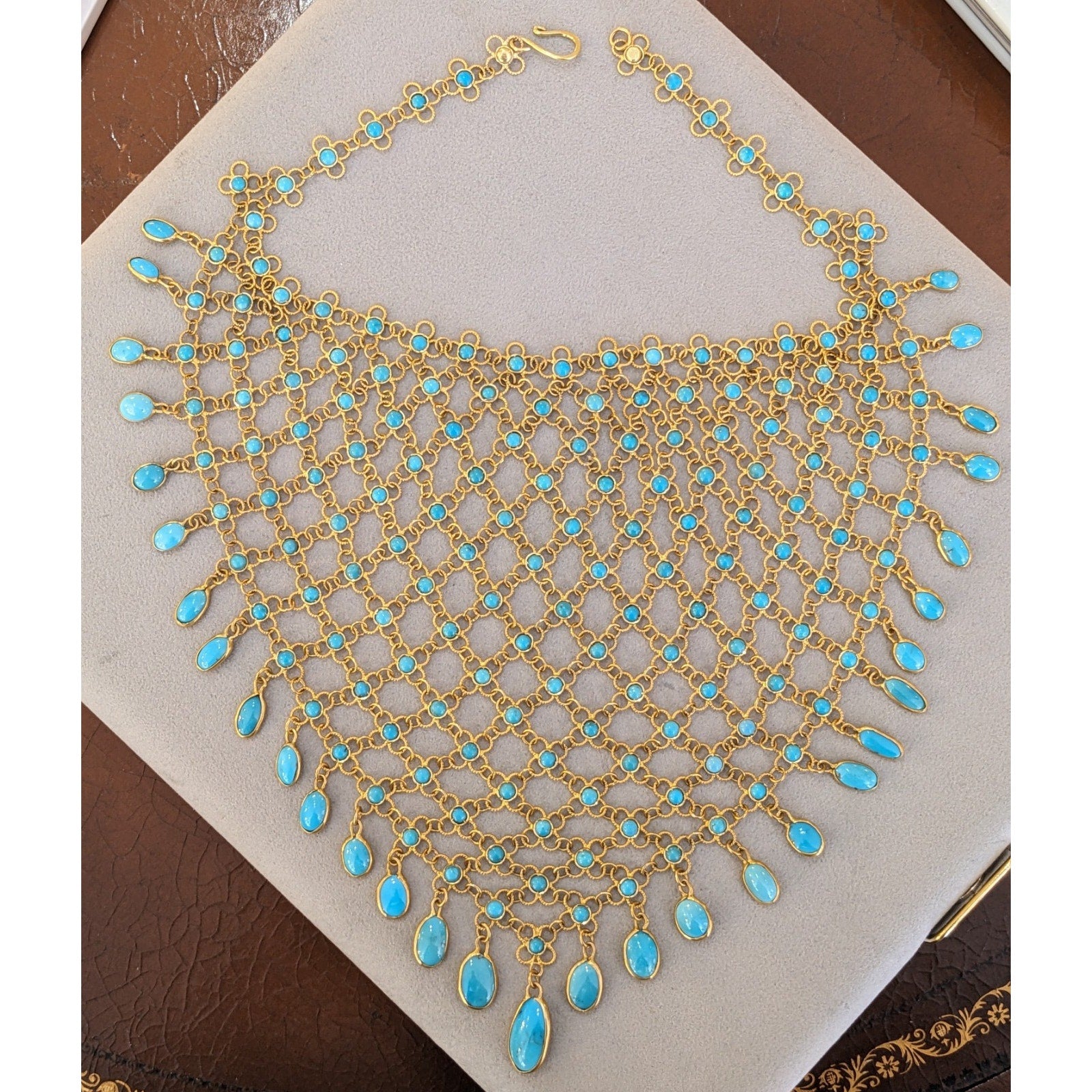 Estate Turquoise Cabochon Bib Necklace in 18k Yellow Gold