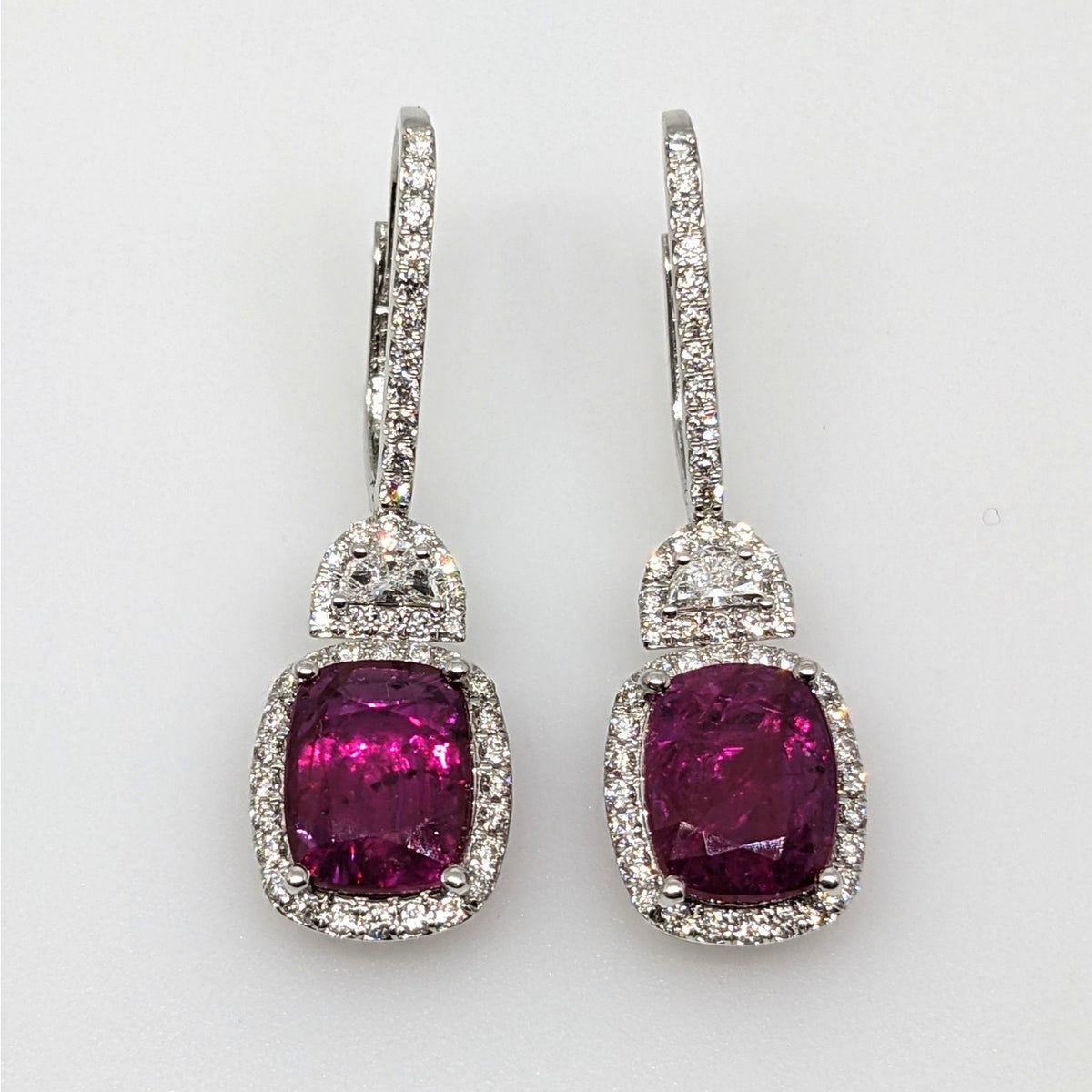 GIA Unheated Cushion Ruby & Diamond Drop Earrings in 18k White Gold