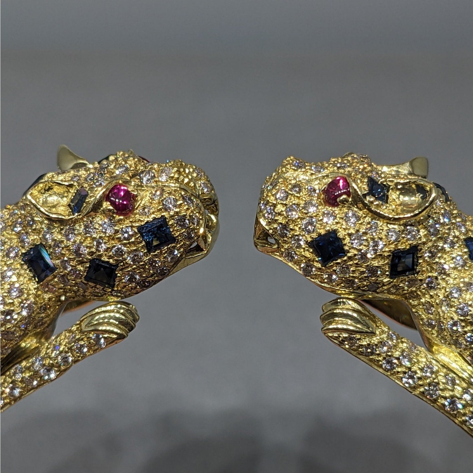 Panther Diamond and Sapphire Pave Bangle Bracelet in 18k Yellow Gold