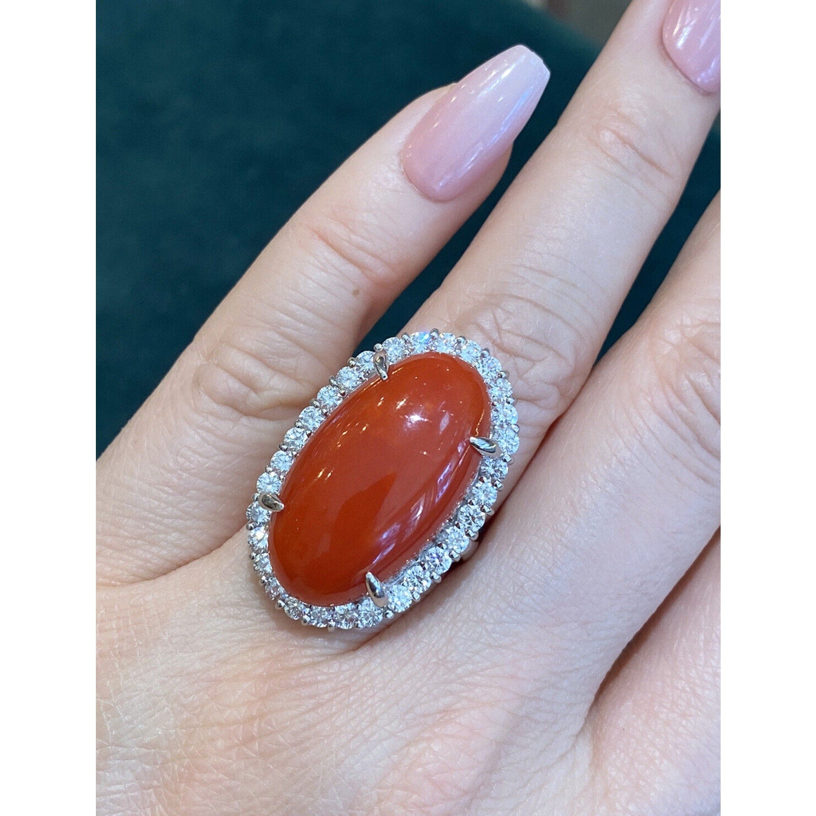 Estate 22.95 cts Red Coral and Diamond Large Cocktail Ring in Platinum