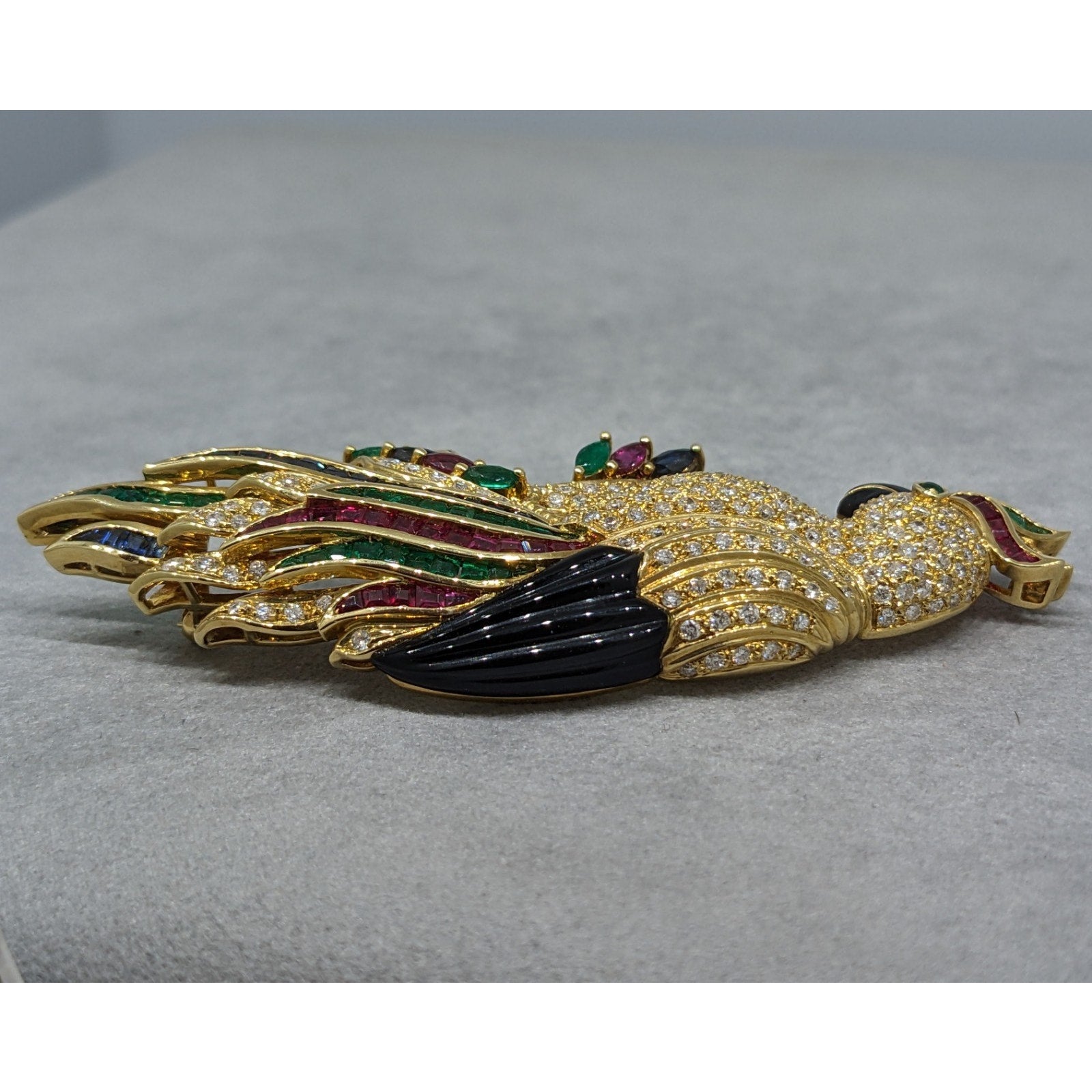 Large Parrot Pin Brooch with Diamonds and Gemstones in 18k Yellow Gold