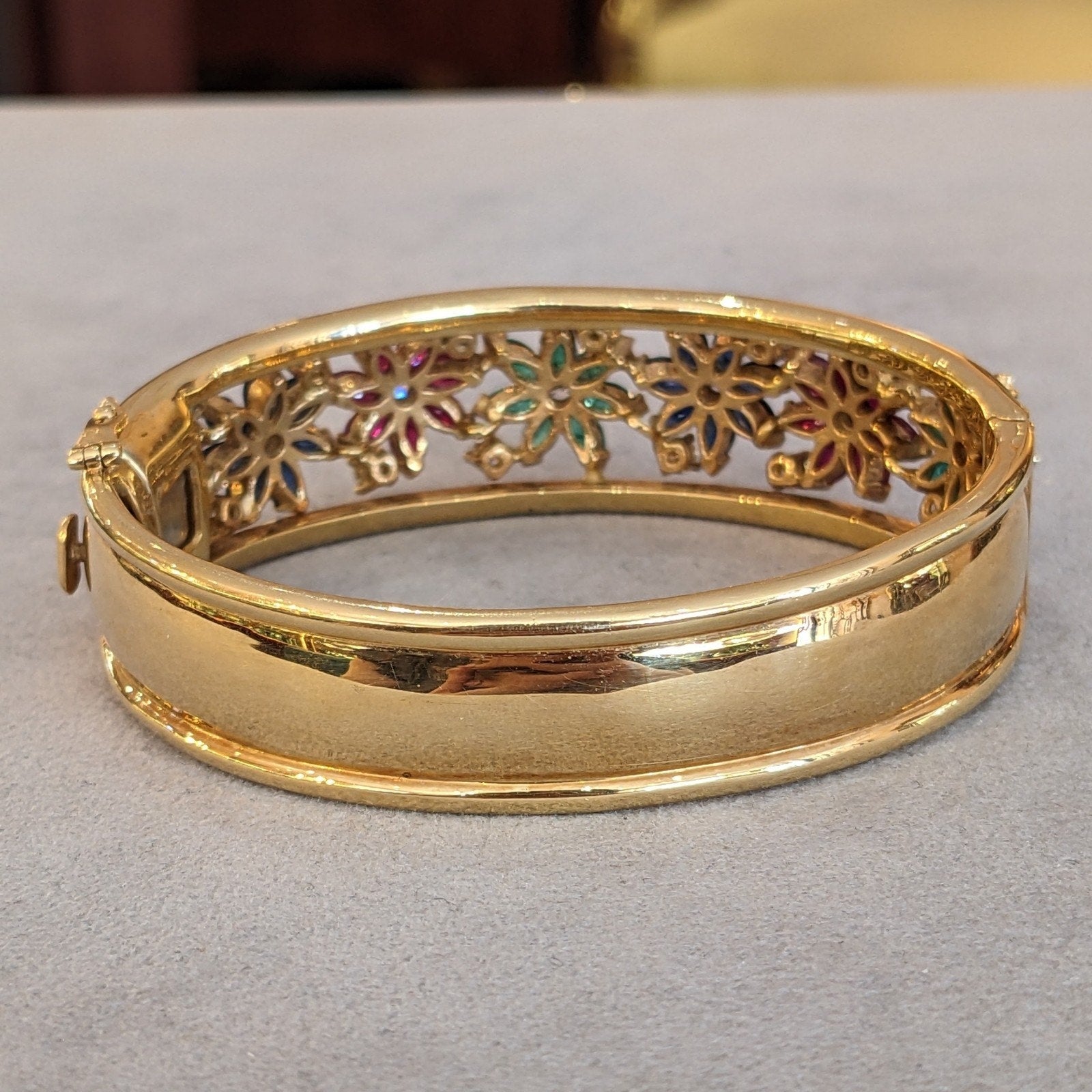Wide Ruby-Sapphire-Emerald-Diamond Bangle Bracelet in 18k Yellow Gold