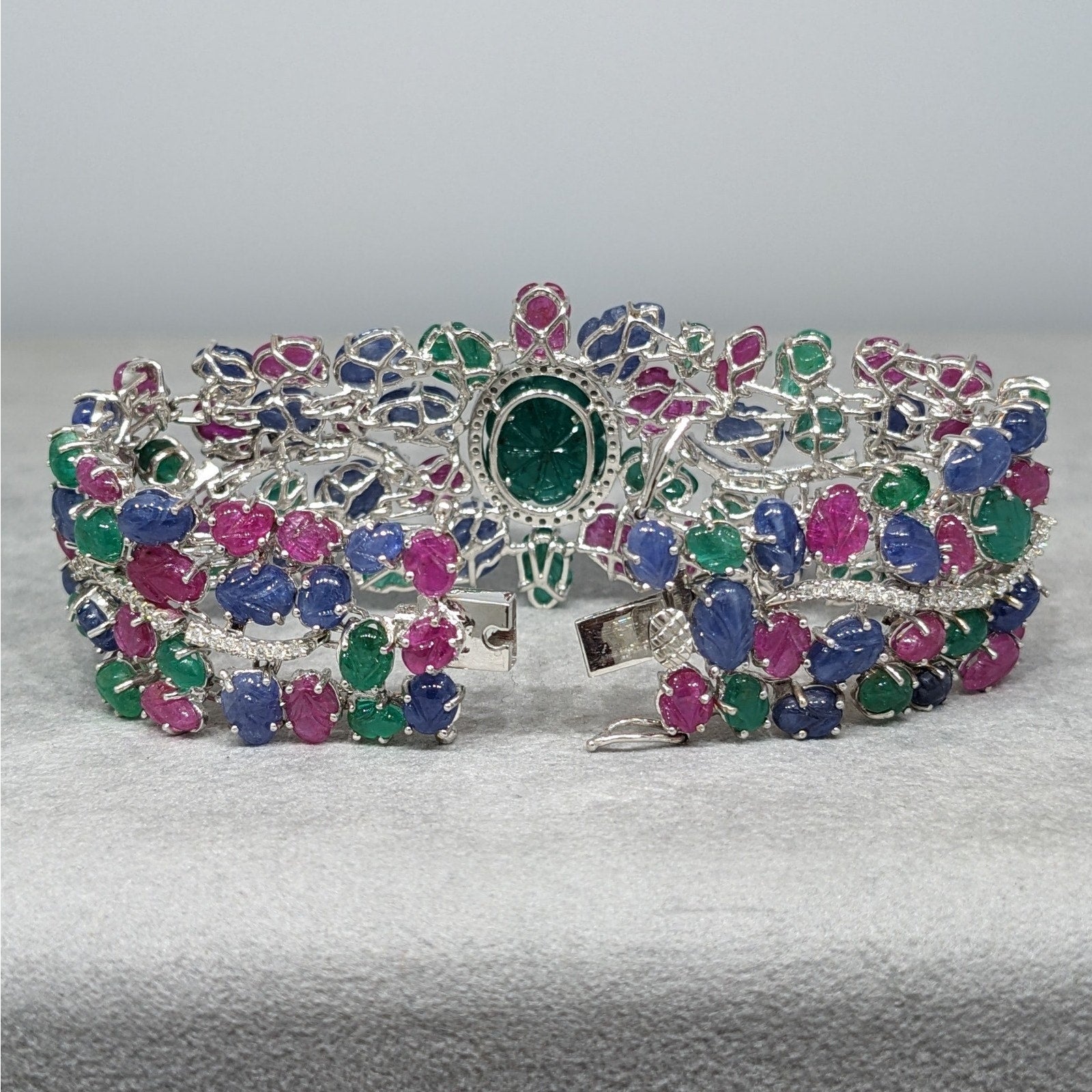 Carved Emerald, Ruby & Sapphire Bracelet with Diamonds in 18k White Gold