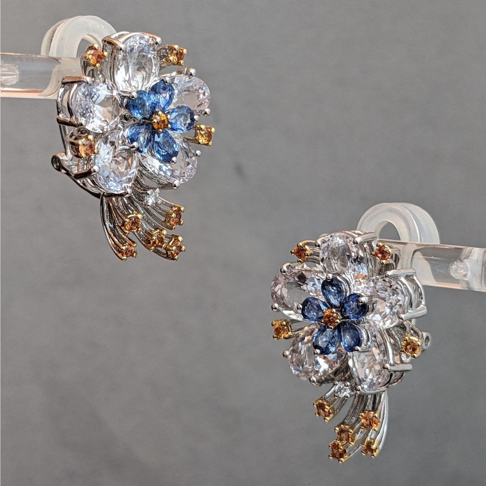 Flower Earrings with Sapphires and Gemstones in 18k White Gold