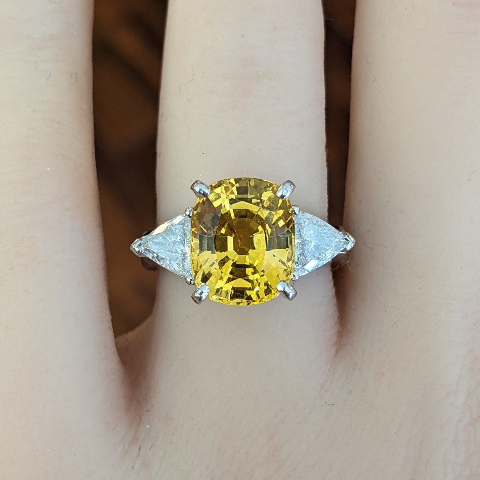 GIA 6.50cts Cushion Yellow Sapphire & Diamond 3-Stone Ring in Platinum