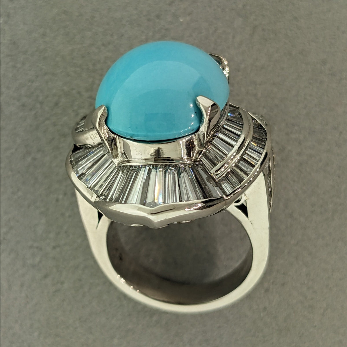 Large Turquoise and Baguette Diamond Cocktail Ring in Platinum