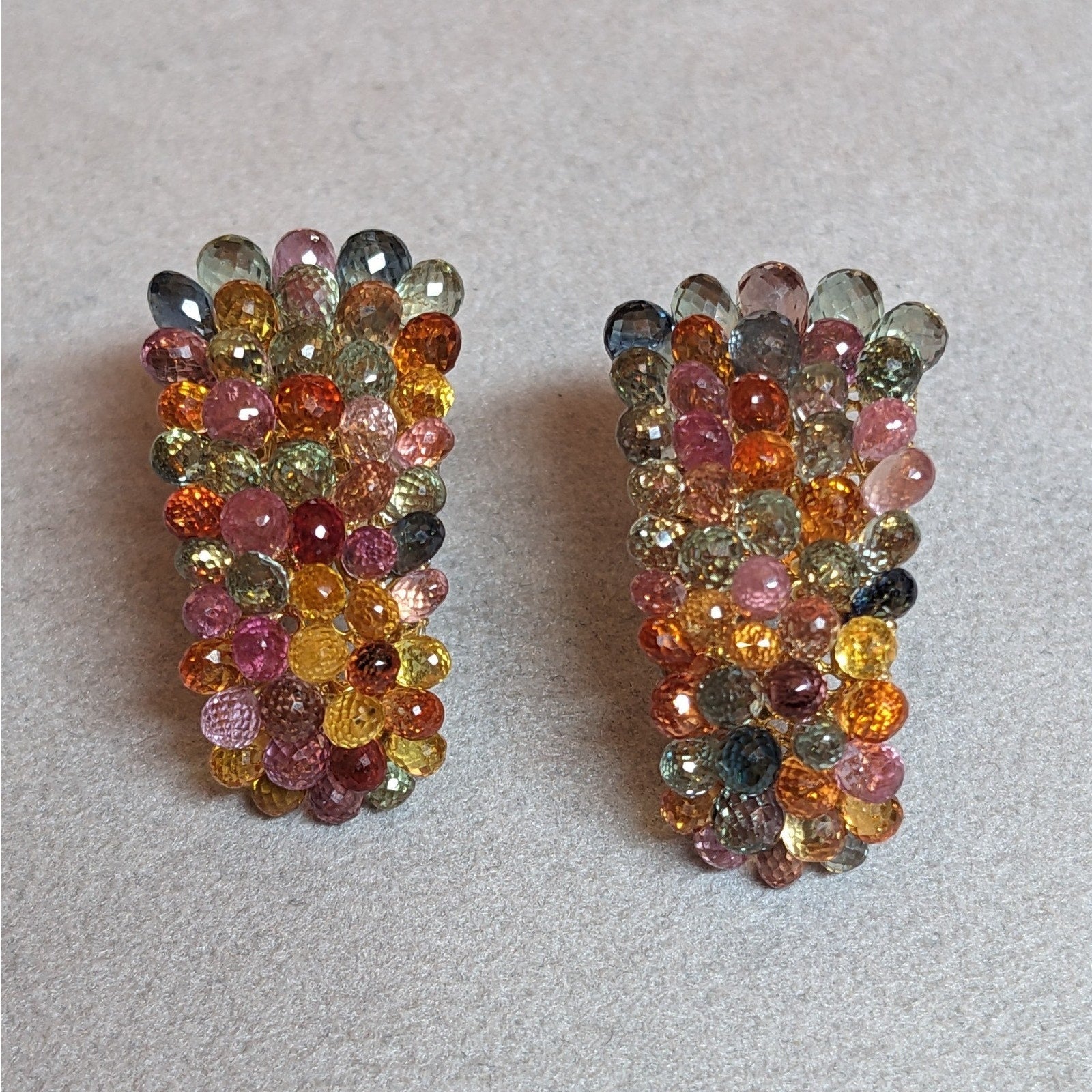 Multicolor Sapphire Briolette and Diamond Earrings in 18k Yellow Gold