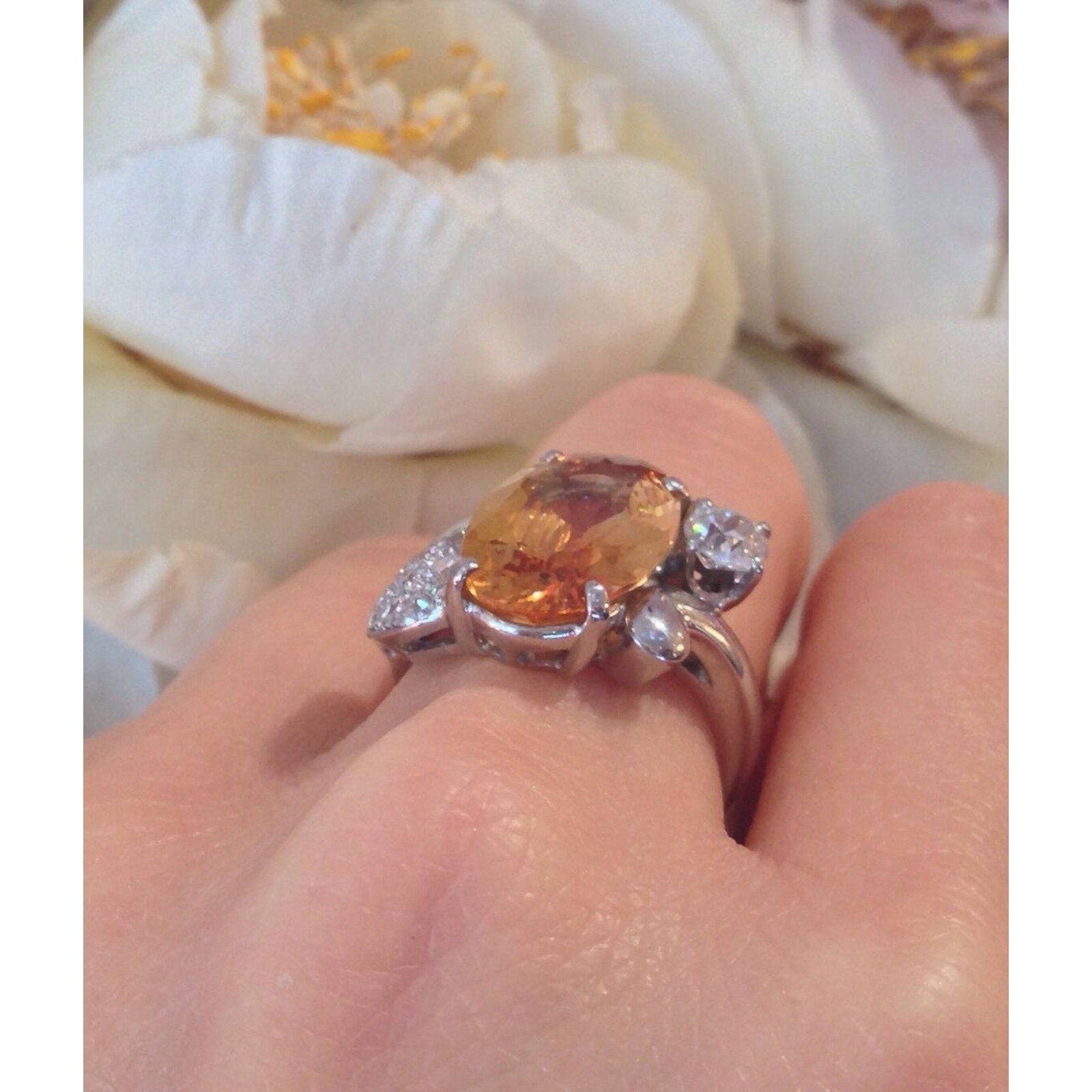 GIA certified 6.78 ct Yellow-Orange Topaz and Diamond Ring in Platinum