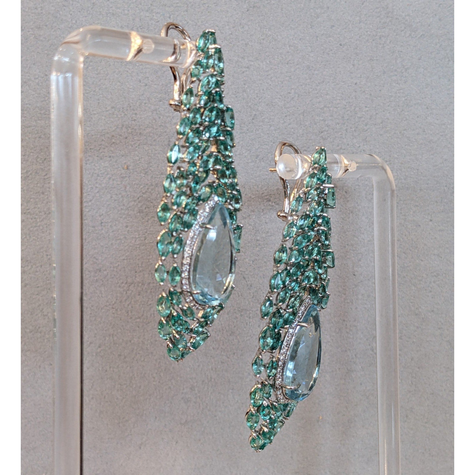 Aquamarine, Emerald and Diamond Peacock Earrings in 18k White Gold