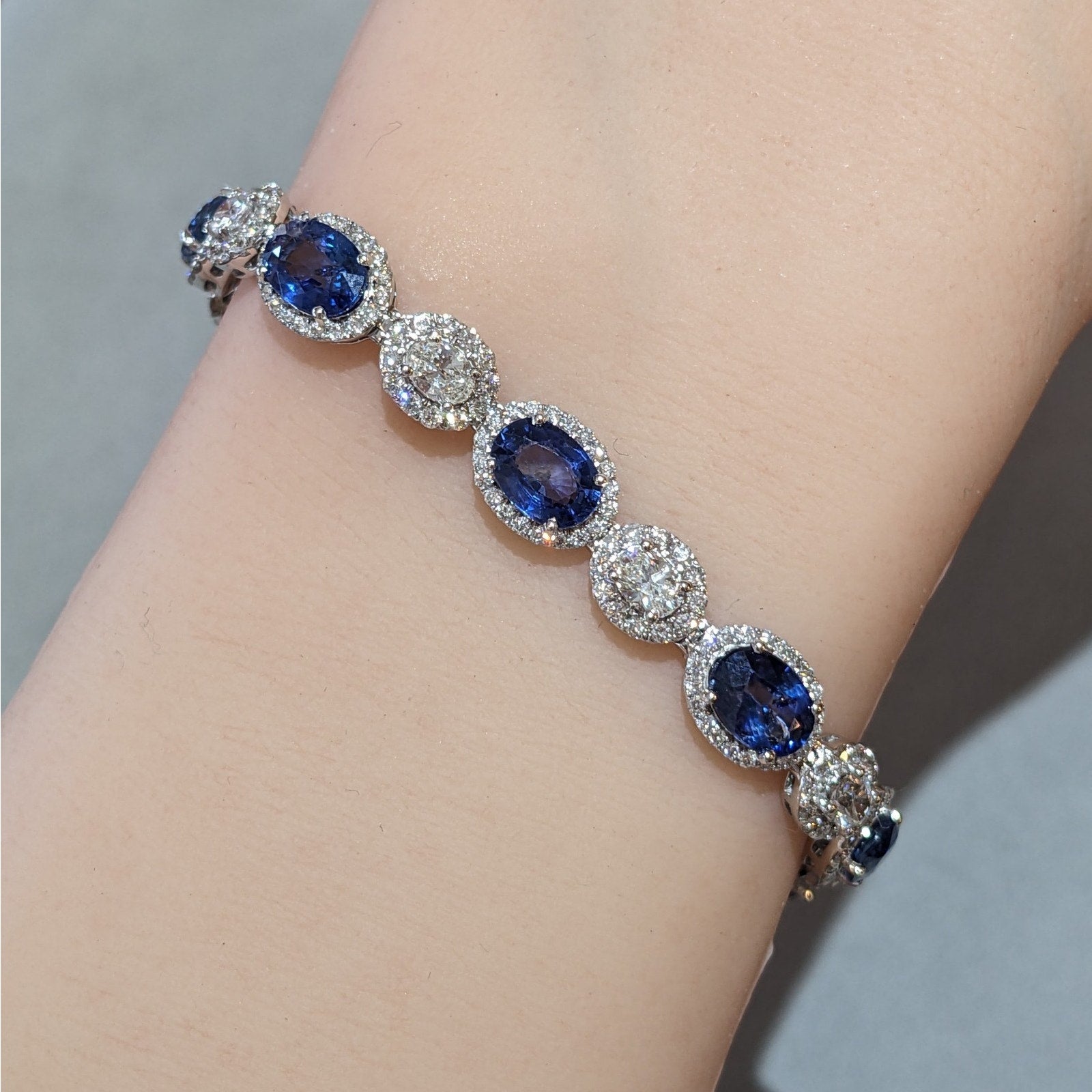 Natural Oval Sapphire and Diamond Bracelet in 14k White Gold
