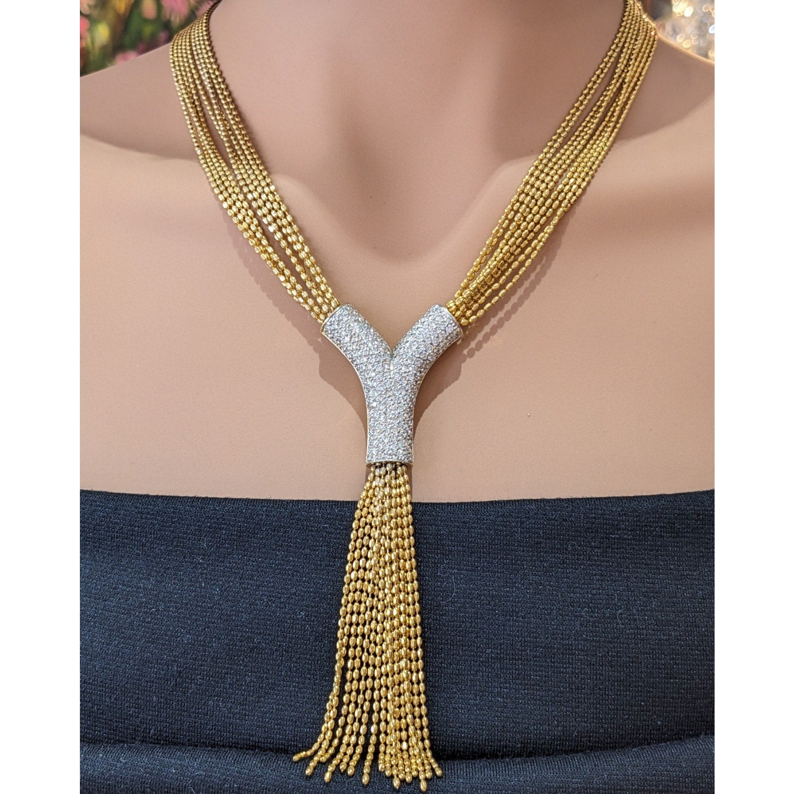 Multistrand Pave Diamond Y Drop Tassel Necklace in 18k Yellow Gold