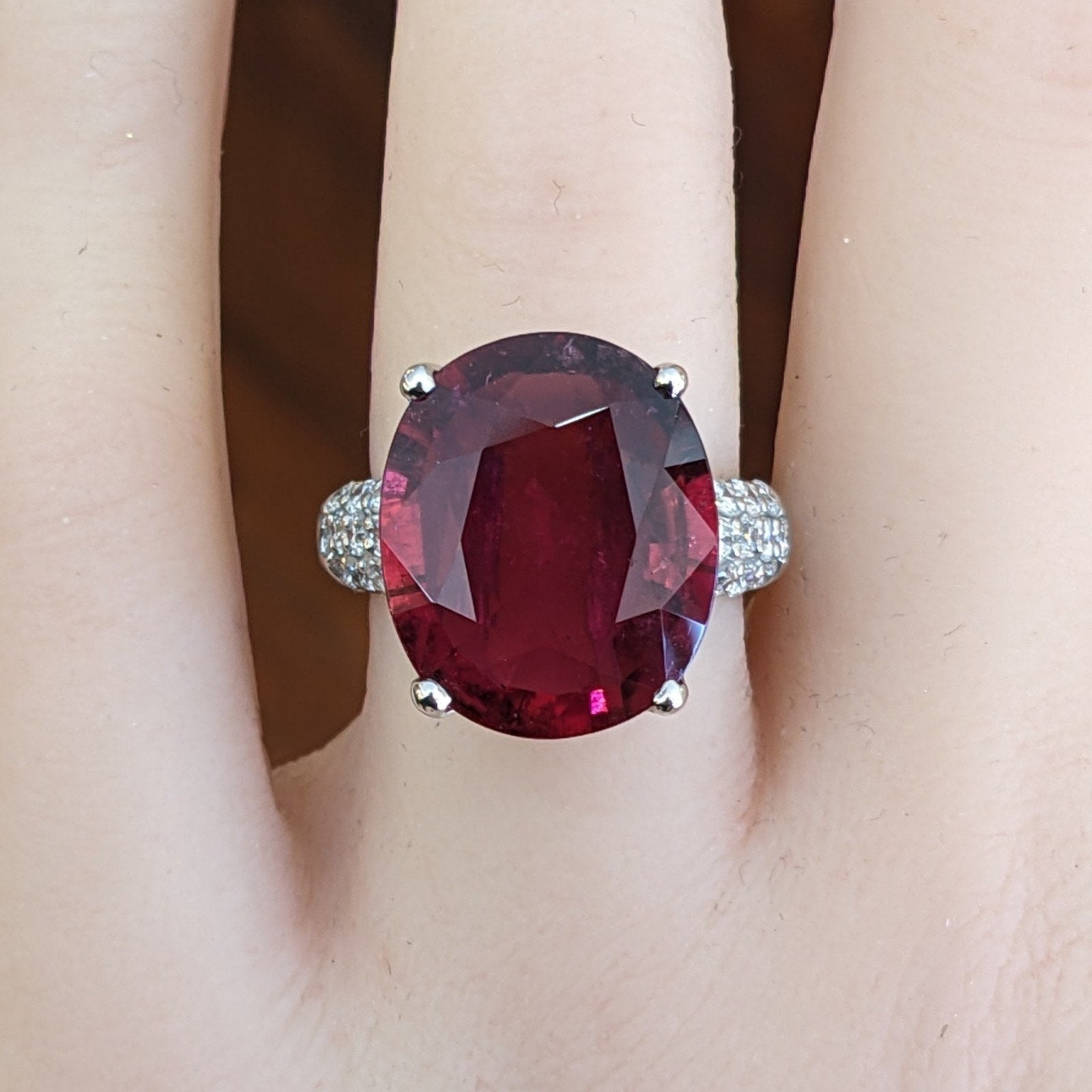 GIA 10.25ct Oval Rubellite Cocktail Ring with Diamonds in Platinum