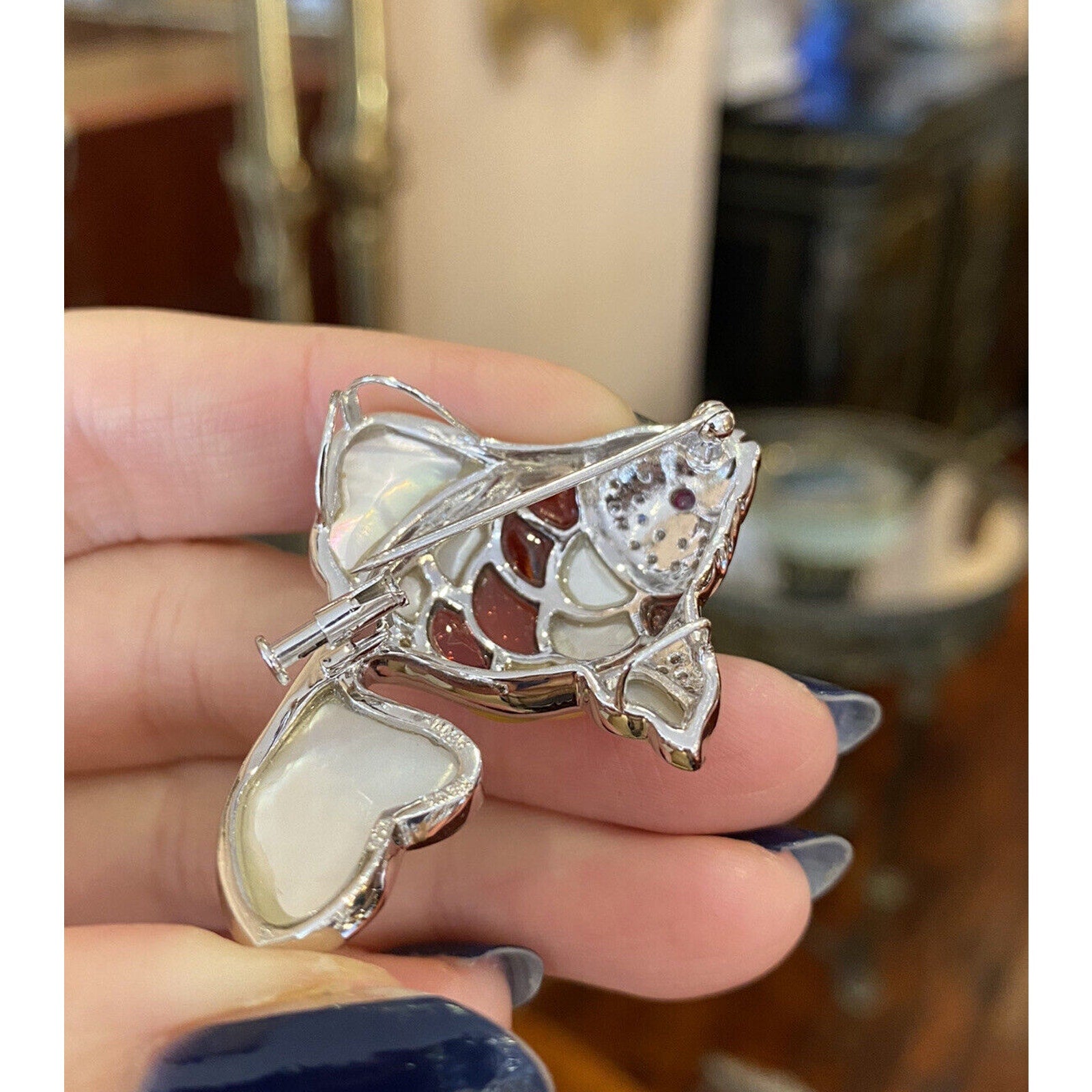 Diamond, Garnet, Mother of Pearl Fish Pin/Pendant in 18k White Gold