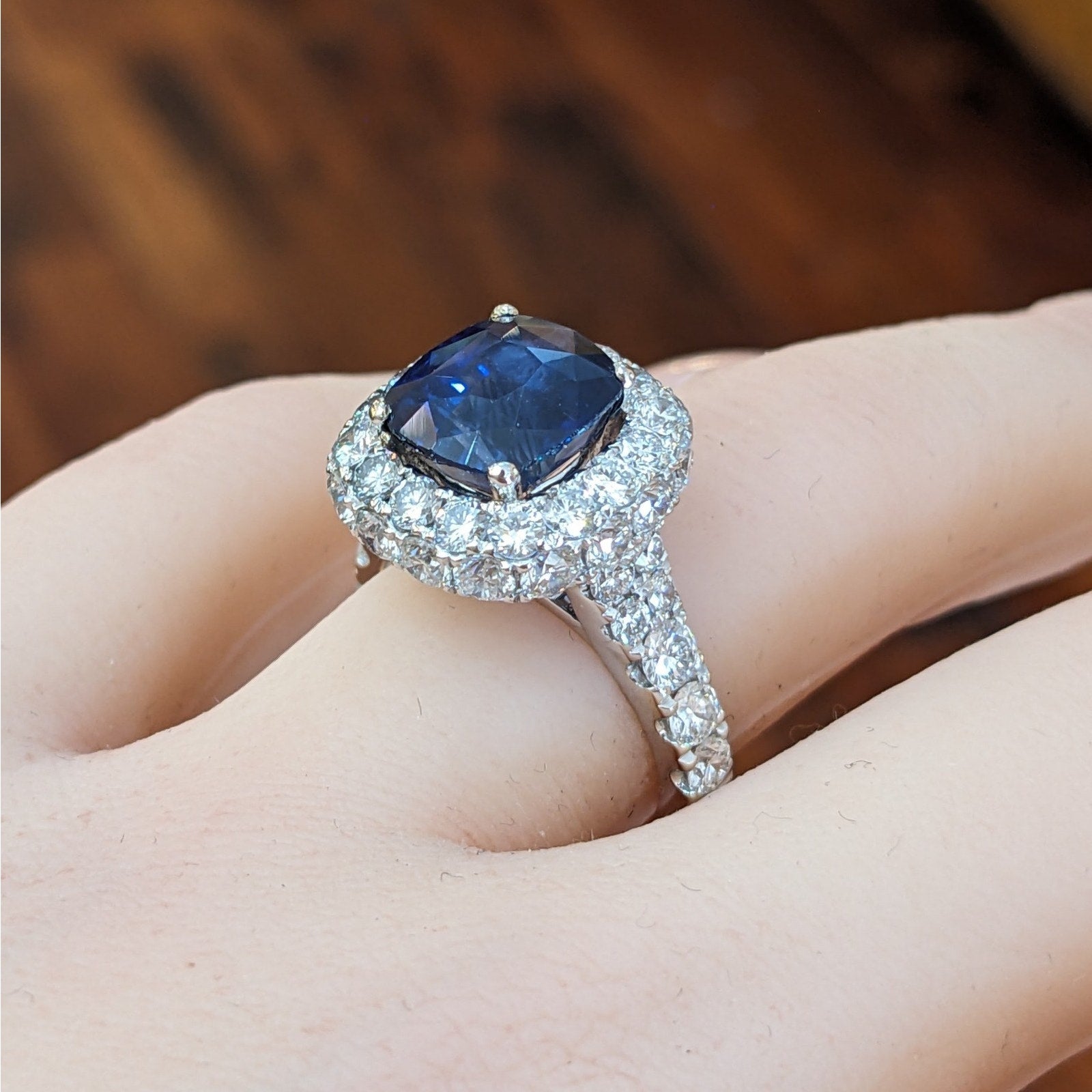 GIA Natural 5.27 ct Cushion Sapphire & Diamond Ring in 18k White Gold - HM2767BR