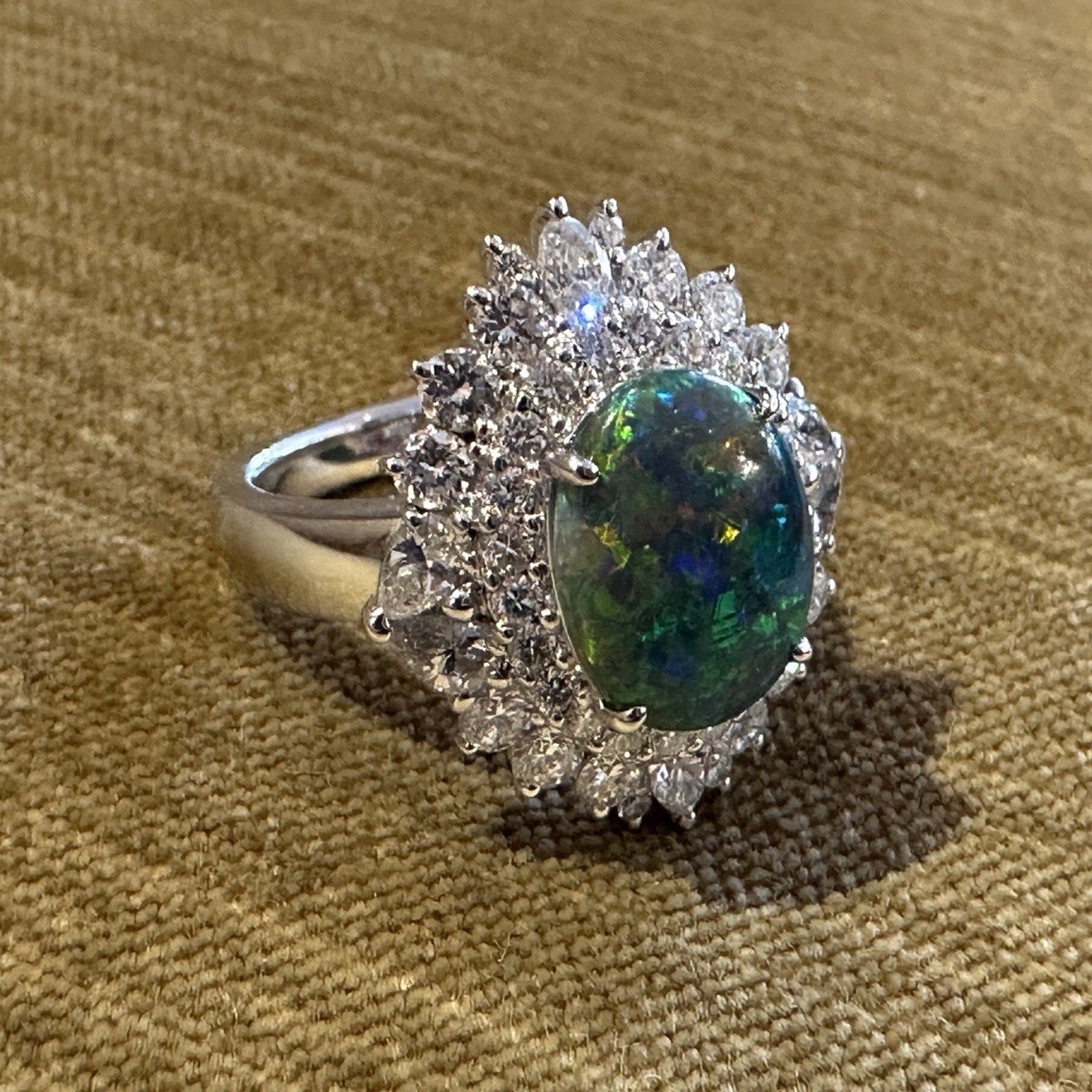 Natural Black Opal 2.53 ct and Diamond Cocktail Ring in Platinum