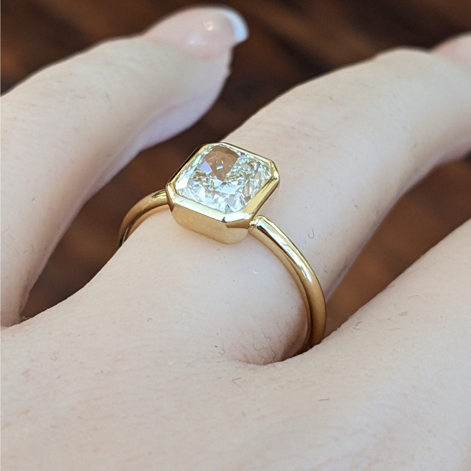 GIA Bezel Set Natural Cushion Diamond Ring in 18k Yellow Gold