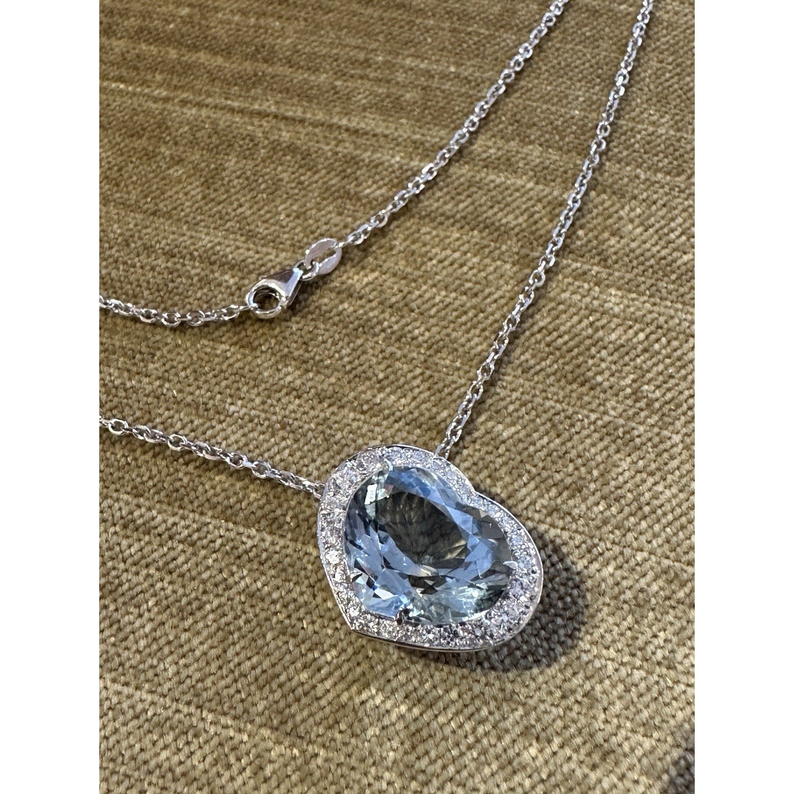 Heart Aquamarine & Diamond Halo Pendant Necklace Platinum & 14k Chain