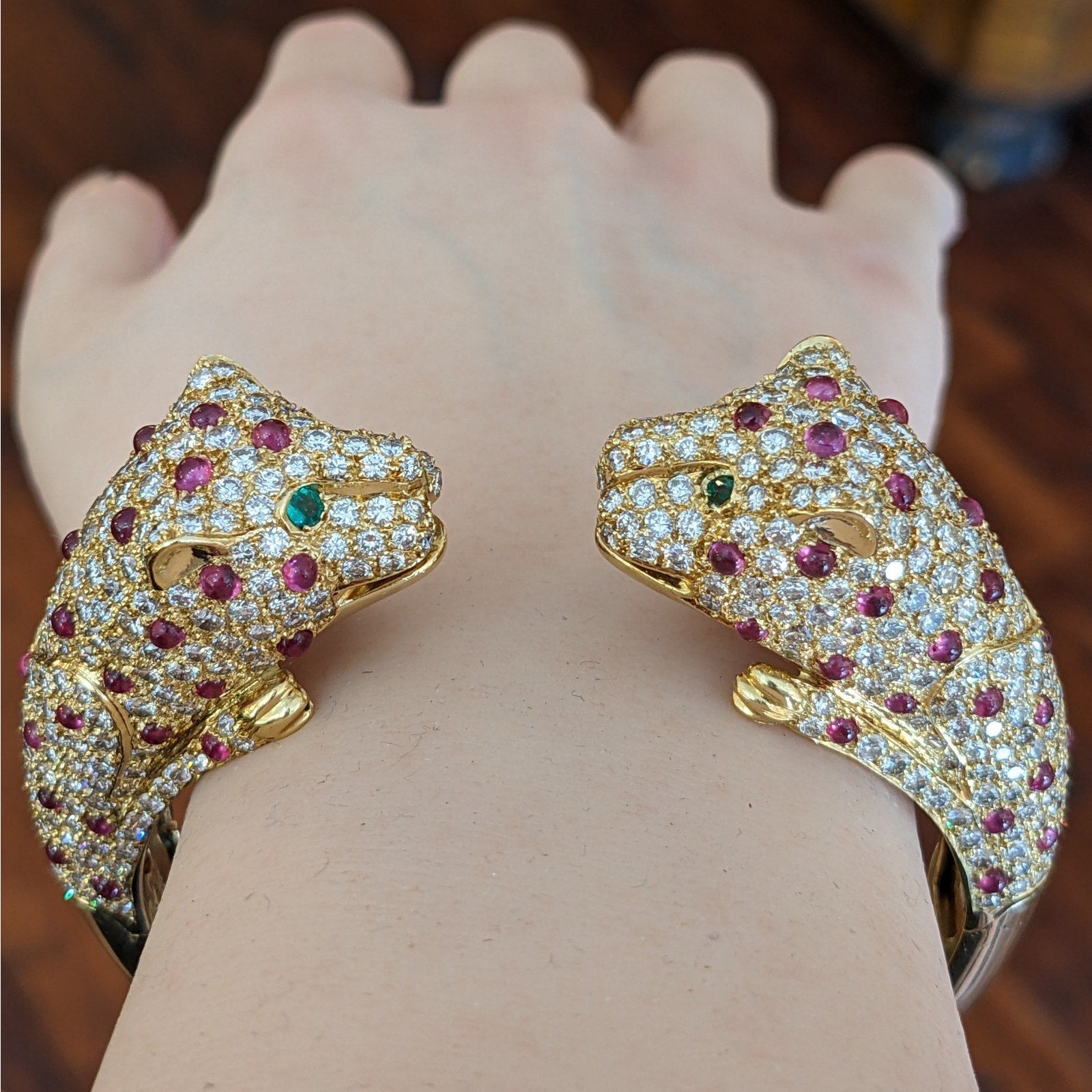 Ruby and Diamond Pave Panther Head Bangle Bracelet in 18k Yellow Gold