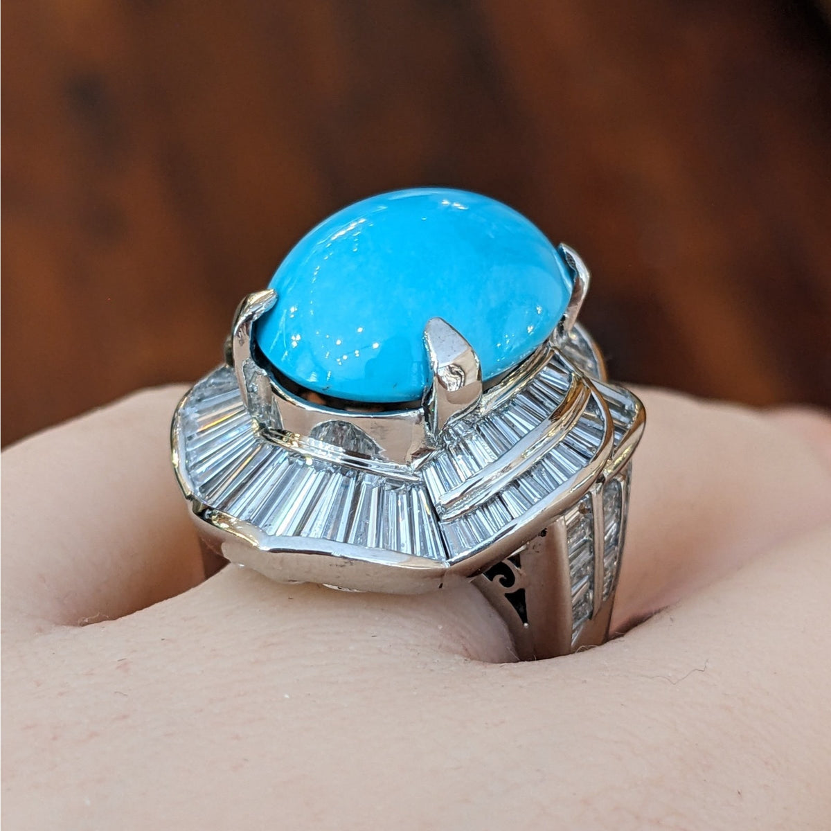 Large Turquoise and Baguette Diamond Cocktail Ring in Platinum