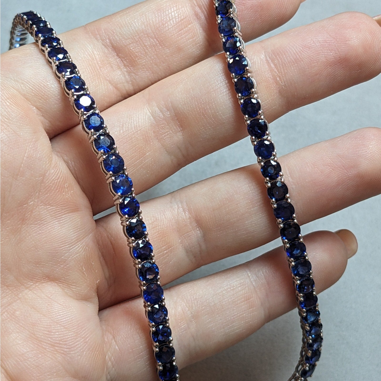 Natural Blue Sapphire Riviera Tennis Necklace 20" long in 14k White Gold