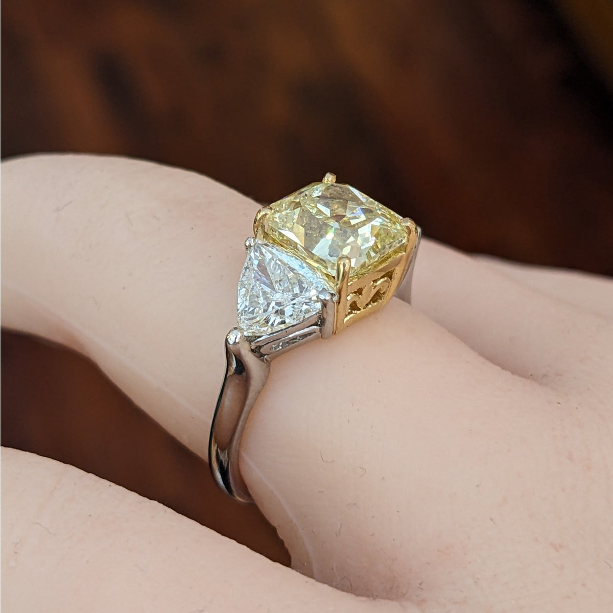 GIA Fancy Yellow Radiant 3.22ct Three-Stone Diamond Ring in Plat/18k