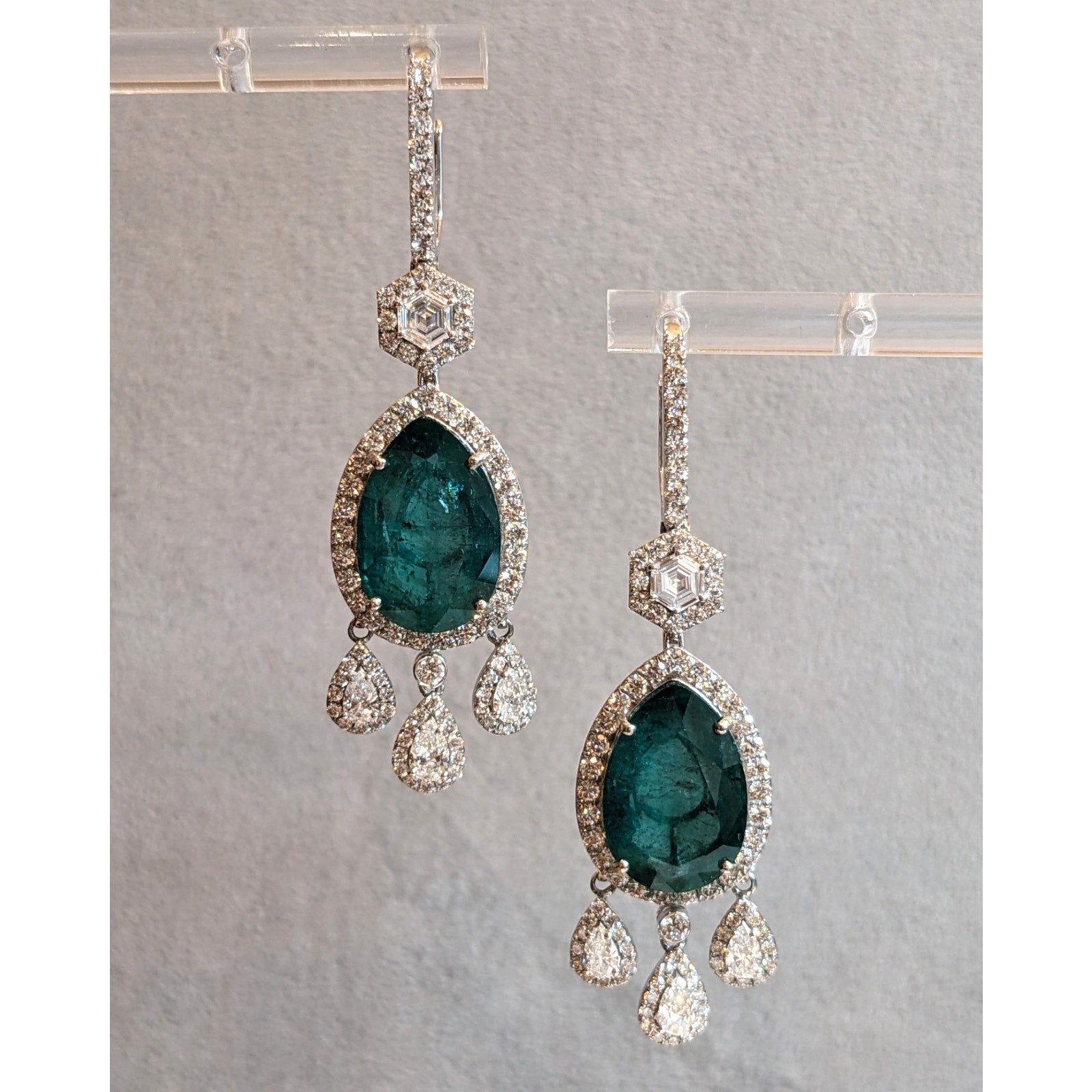 Large Pear Emerald Drop Earrings with Diamonds in 18k White Gold