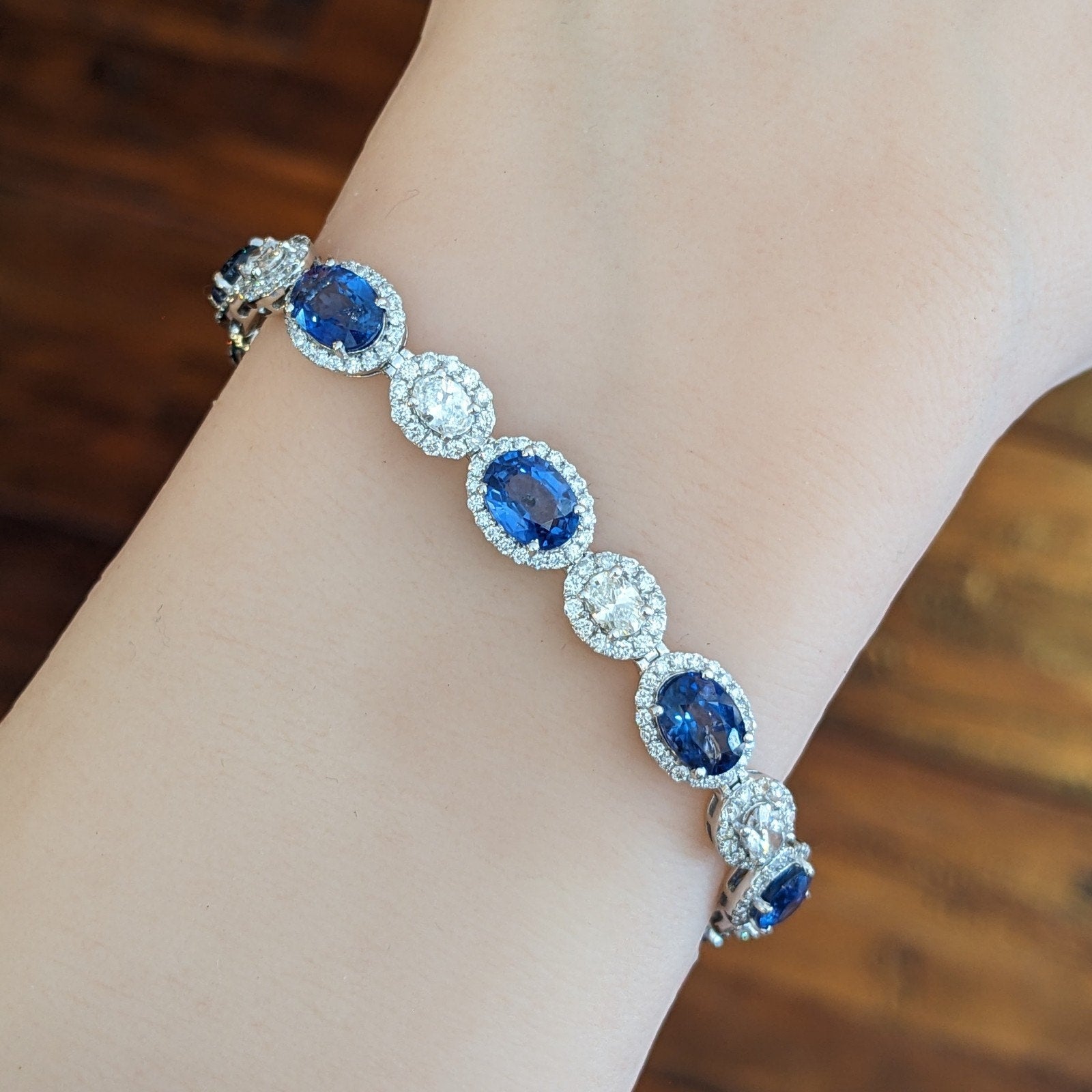 Natural Oval Sapphire and Diamond Bracelet in 14k White Gold
