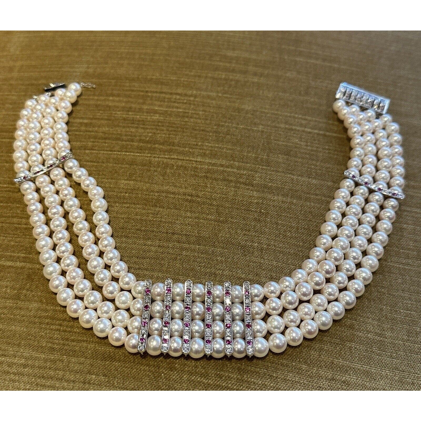 4 Row Pearl Choker Necklace with Rubies & Diamonds in Platinum