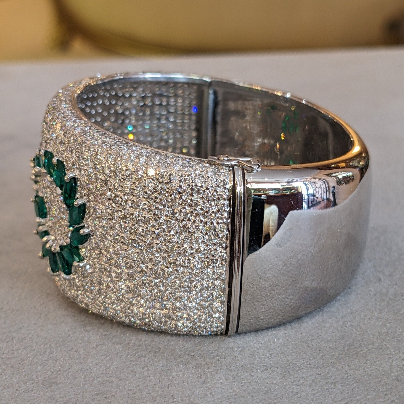 Wide Pave Diamond and Marquise Emerald Bangle Bracelet in 18k Gold