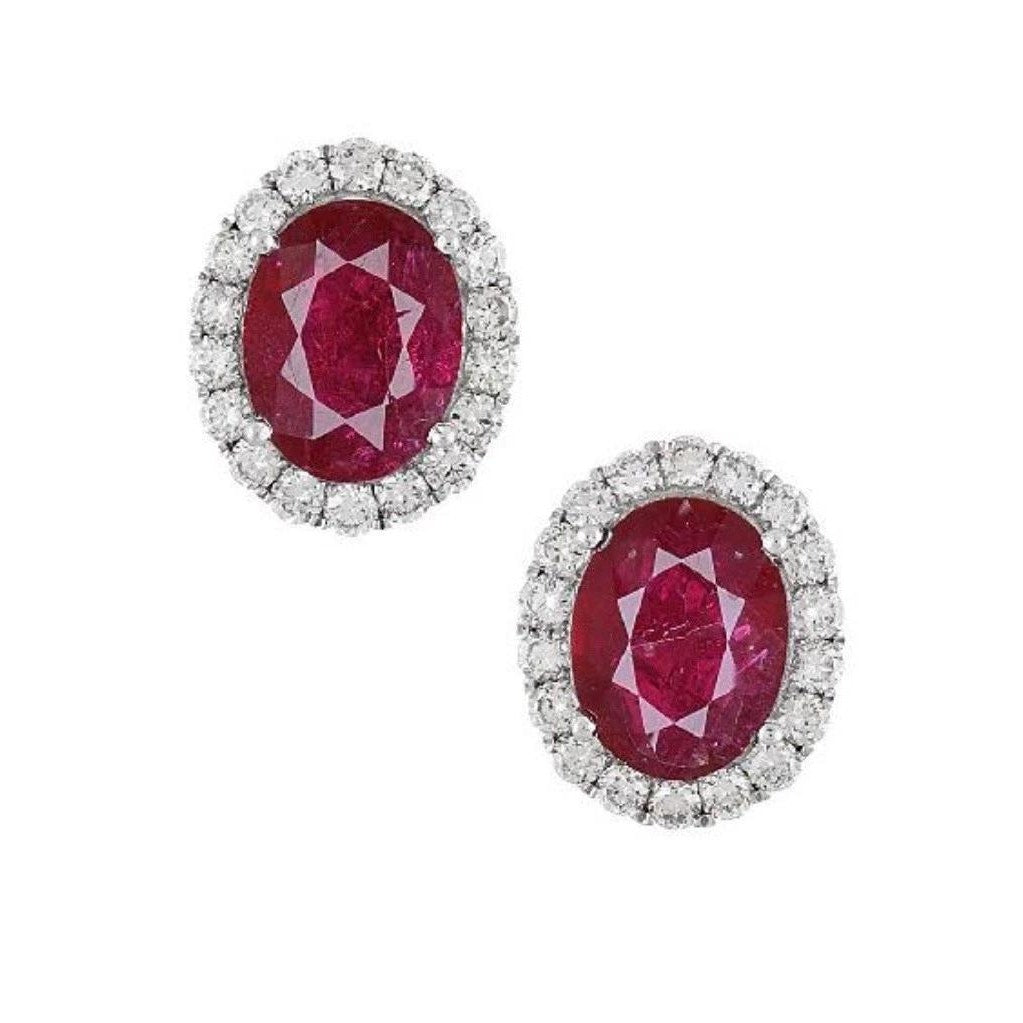 GIA Natural Oval Ruby Stud Earrings with Diamond Halo in 14k White Gold