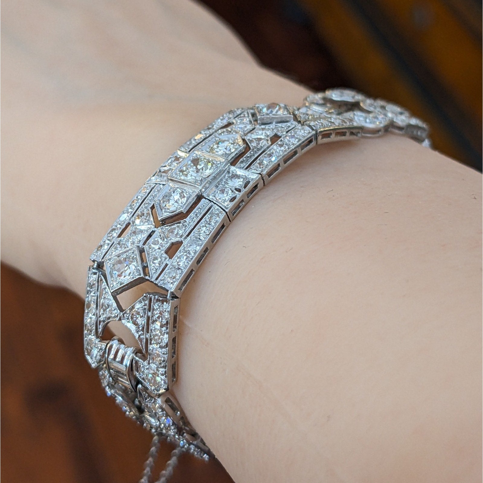 Art Deco Euro cut Diamond Bracelet .50 inch wide in Plat/14k chain