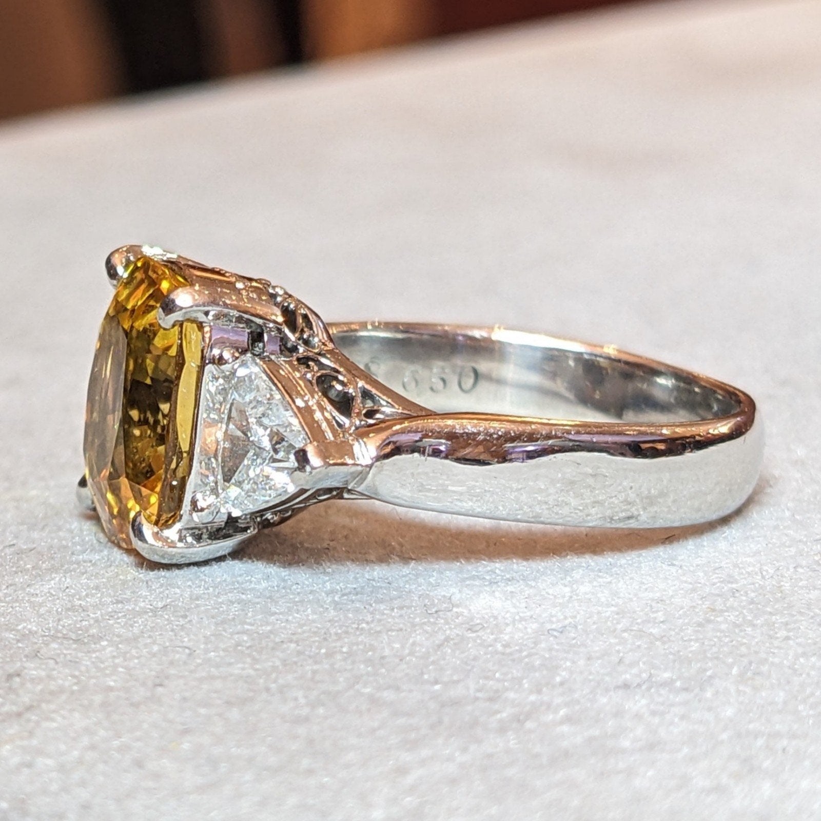 GIA 6.50cts Cushion Yellow Sapphire & Diamond 3-Stone Ring in Platinum
