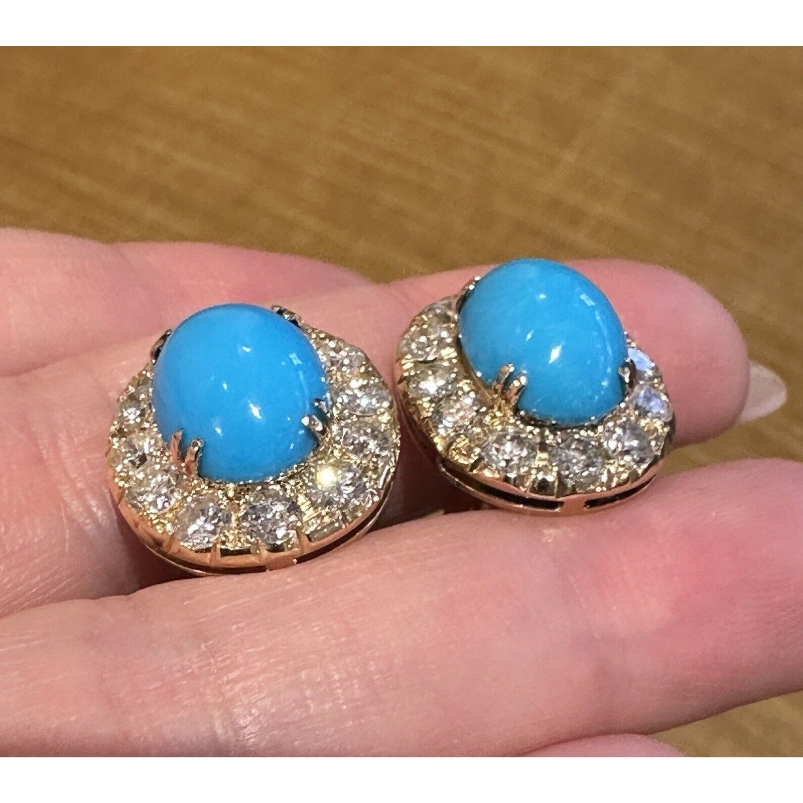 Turquoise and Diamond Halo Button Earrings in 18k Yellow Gold