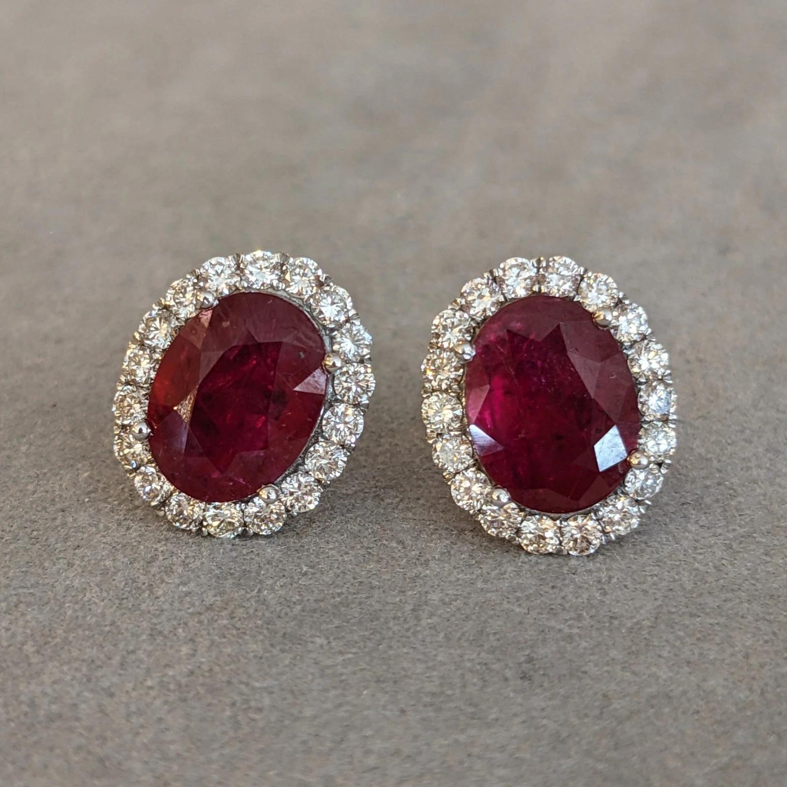 GIA Natural Oval Ruby Stud Earrings with Diamond Halo in 14k White Gold