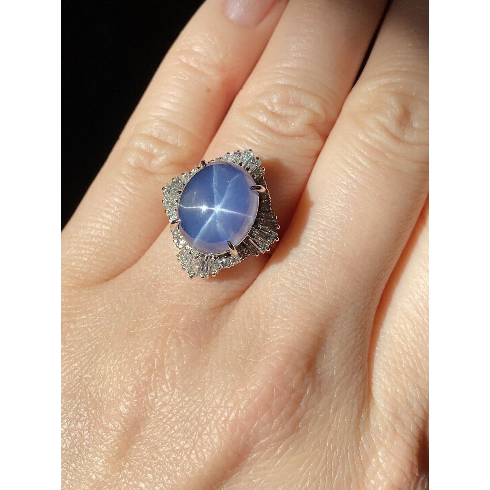 GIA 12.95 cts. Unheated Blue Star Sapphire & Diamond Ring in Platinum - HM2218AE