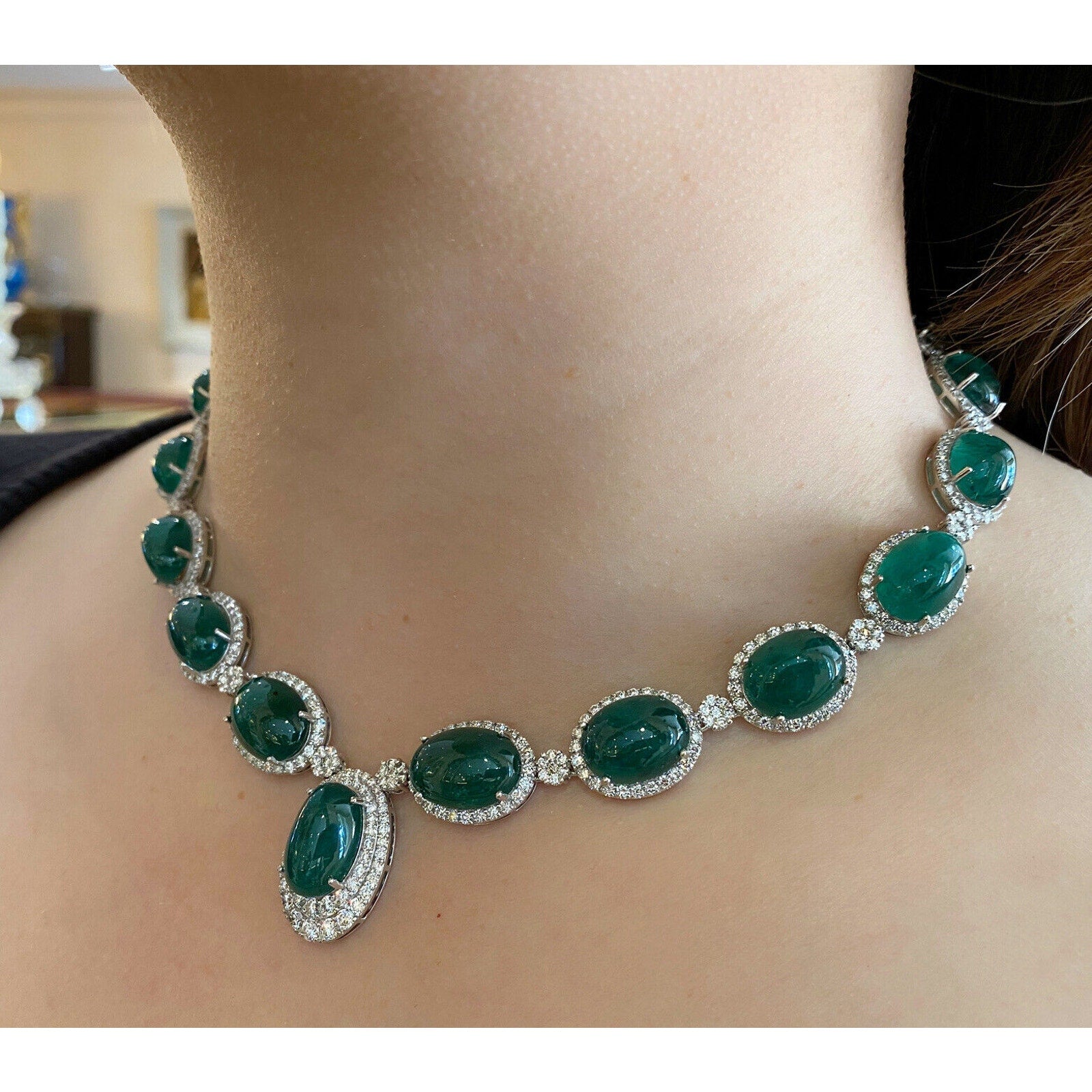 GIA Cabochon Emerald and Diamond Necklace in 18k White Gold