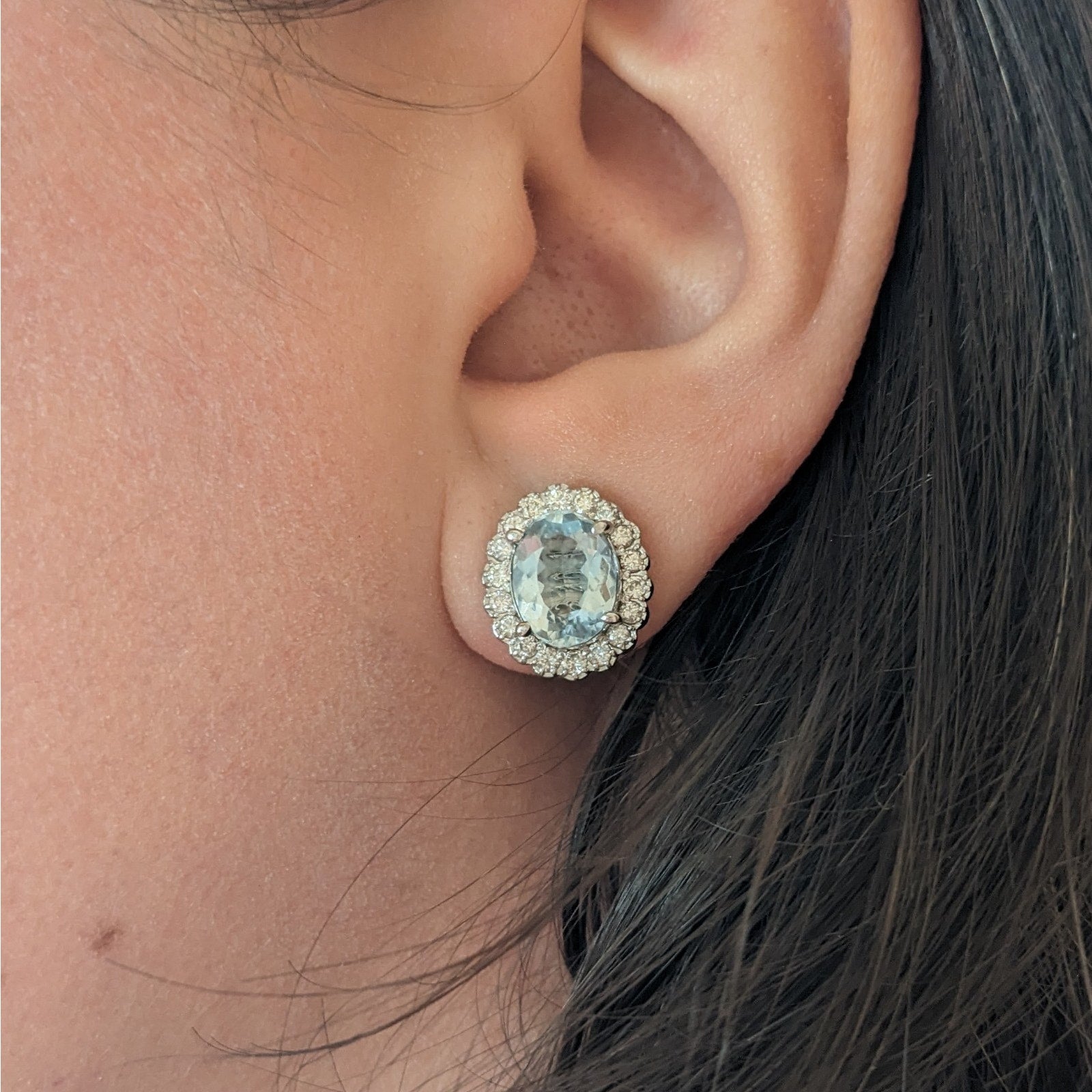 Aquamarine and Diamond Oval Halo Earrings in 18k White Gold