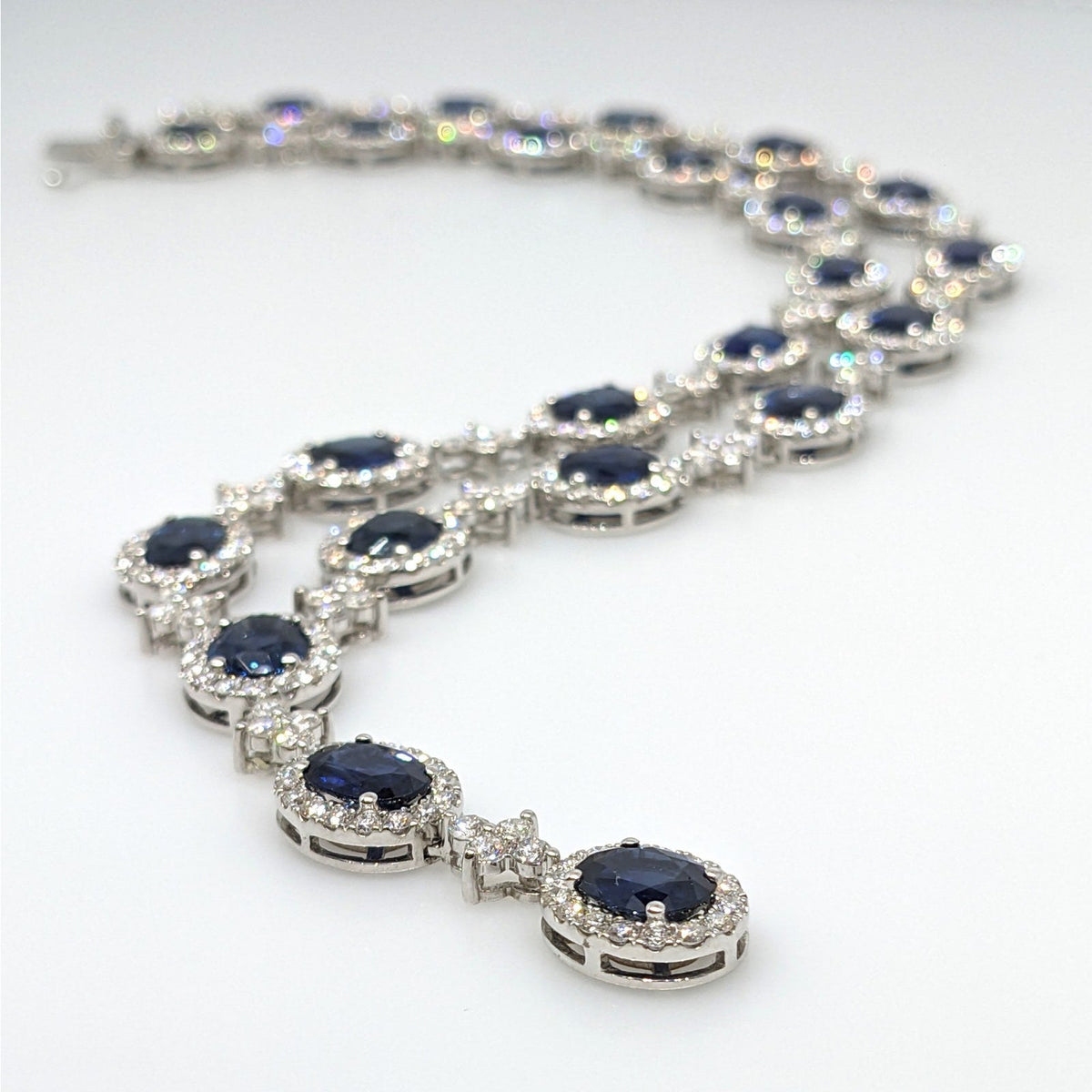 Natural Sapphire & Diamond Y-Drop Necklace in 18k White Gold