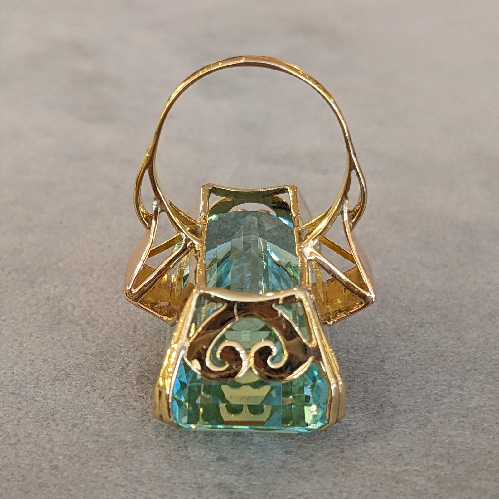 66.92 ct Elongated Aquamarine in Retro ring setting 18k and 14k Gold
