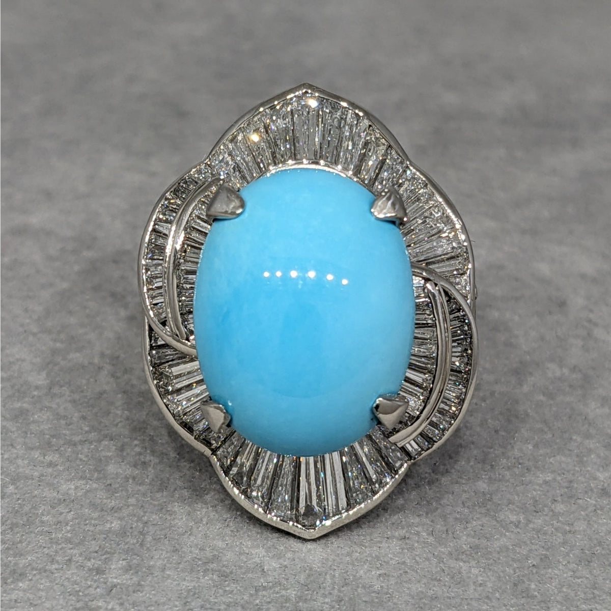 Large Turquoise and Baguette Diamond Cocktail Ring in Platinum