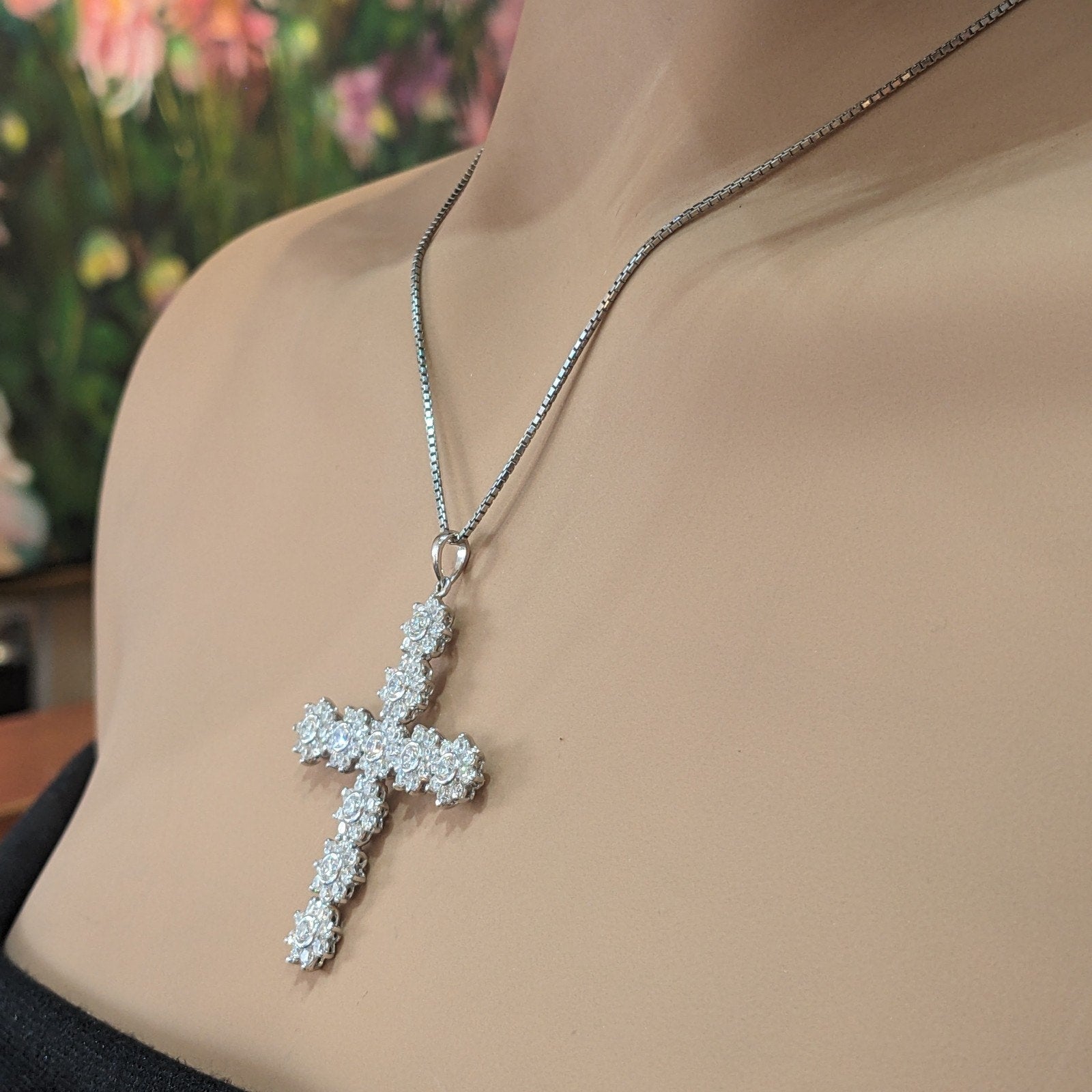 Natural Diamond Cross Pendant Necklace in 18k White Gold & Platinum