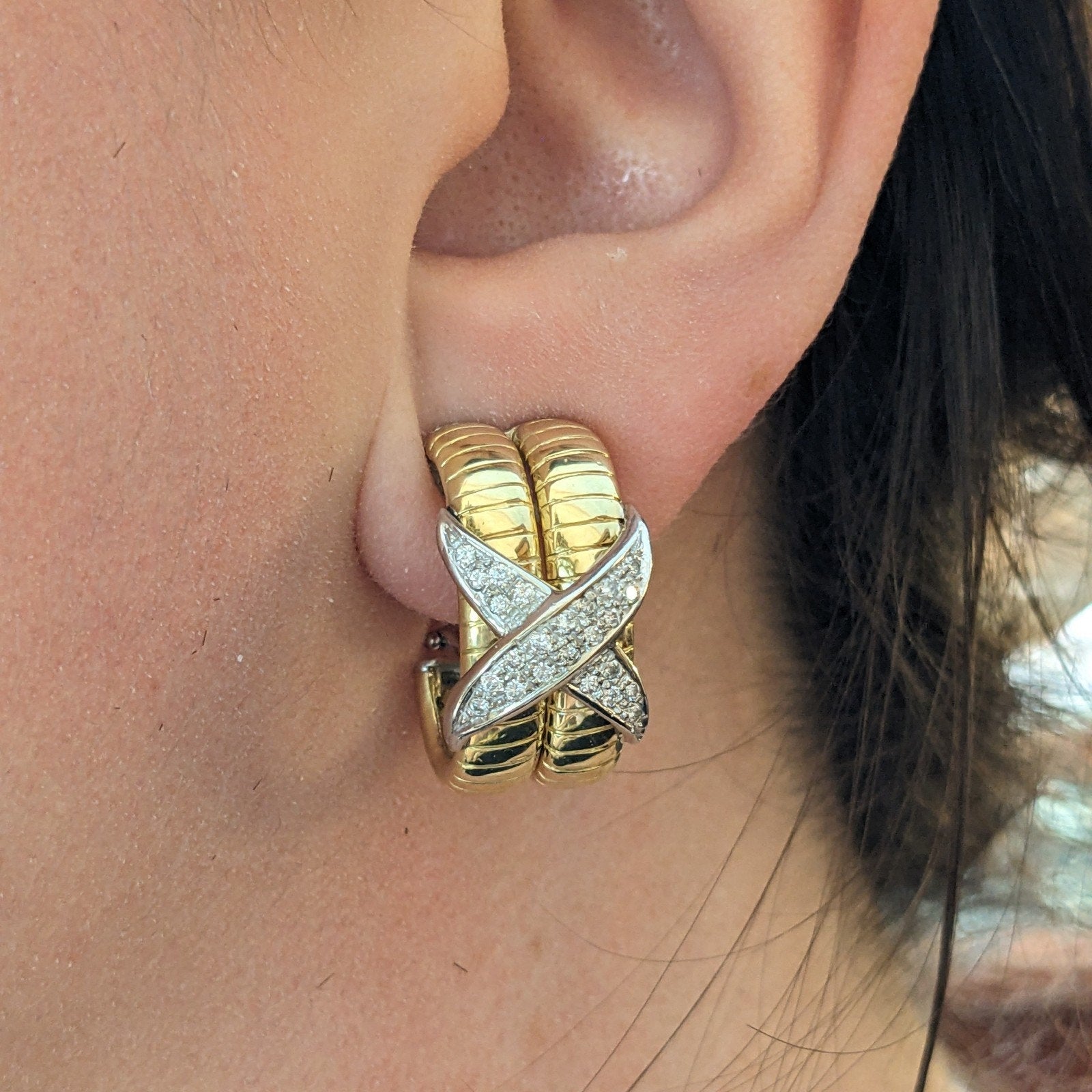 Diamond X Hoop Earrings in 18k Yellow and White Gold